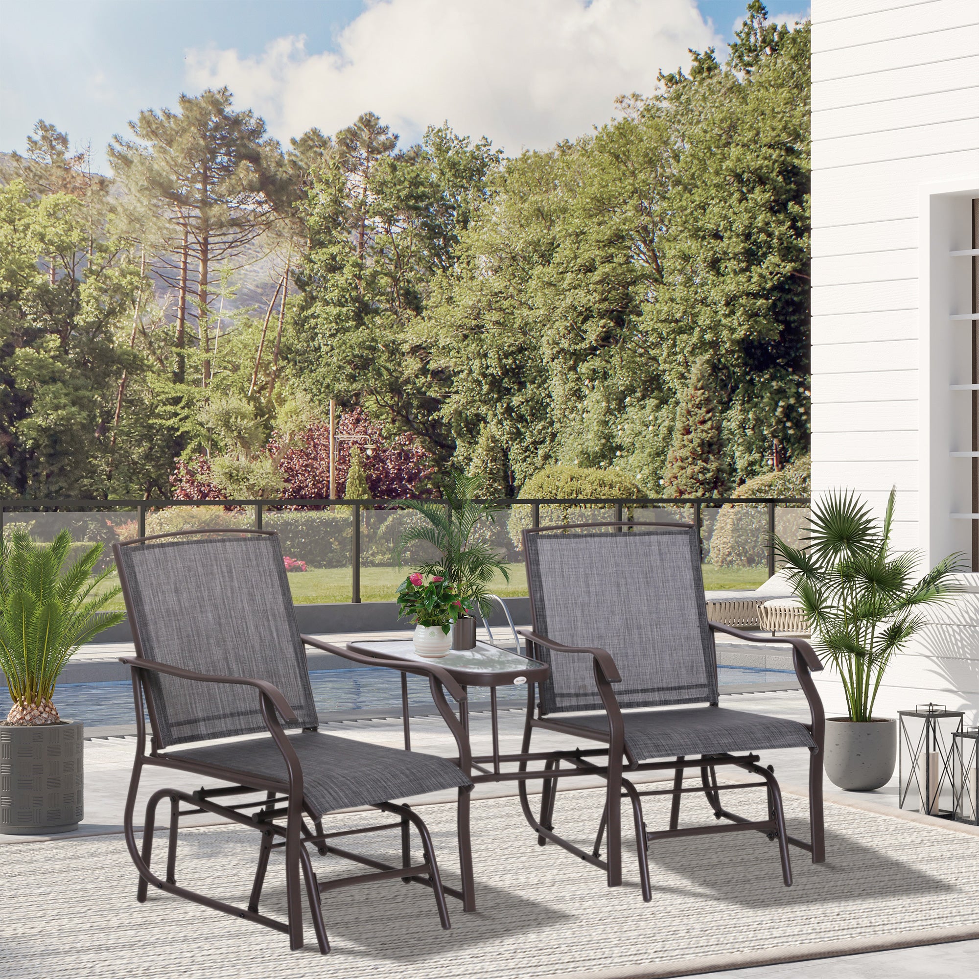 3 Piece Garden Double Glider Set with Glass Table - Grey Mesh Fabric