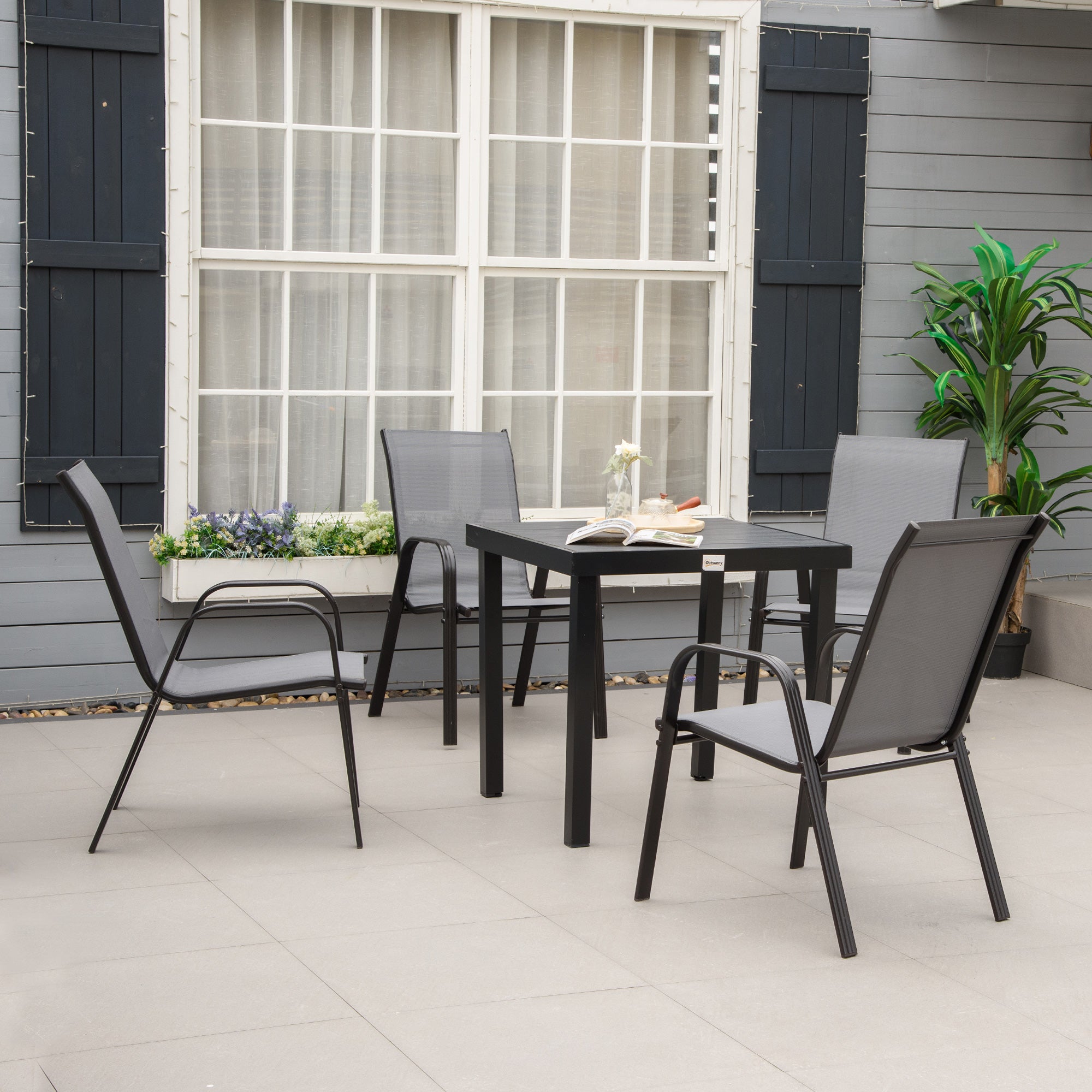 Set of 4 Stackable Garden Dining Chairs with Mesh Fabric - Dark Grey