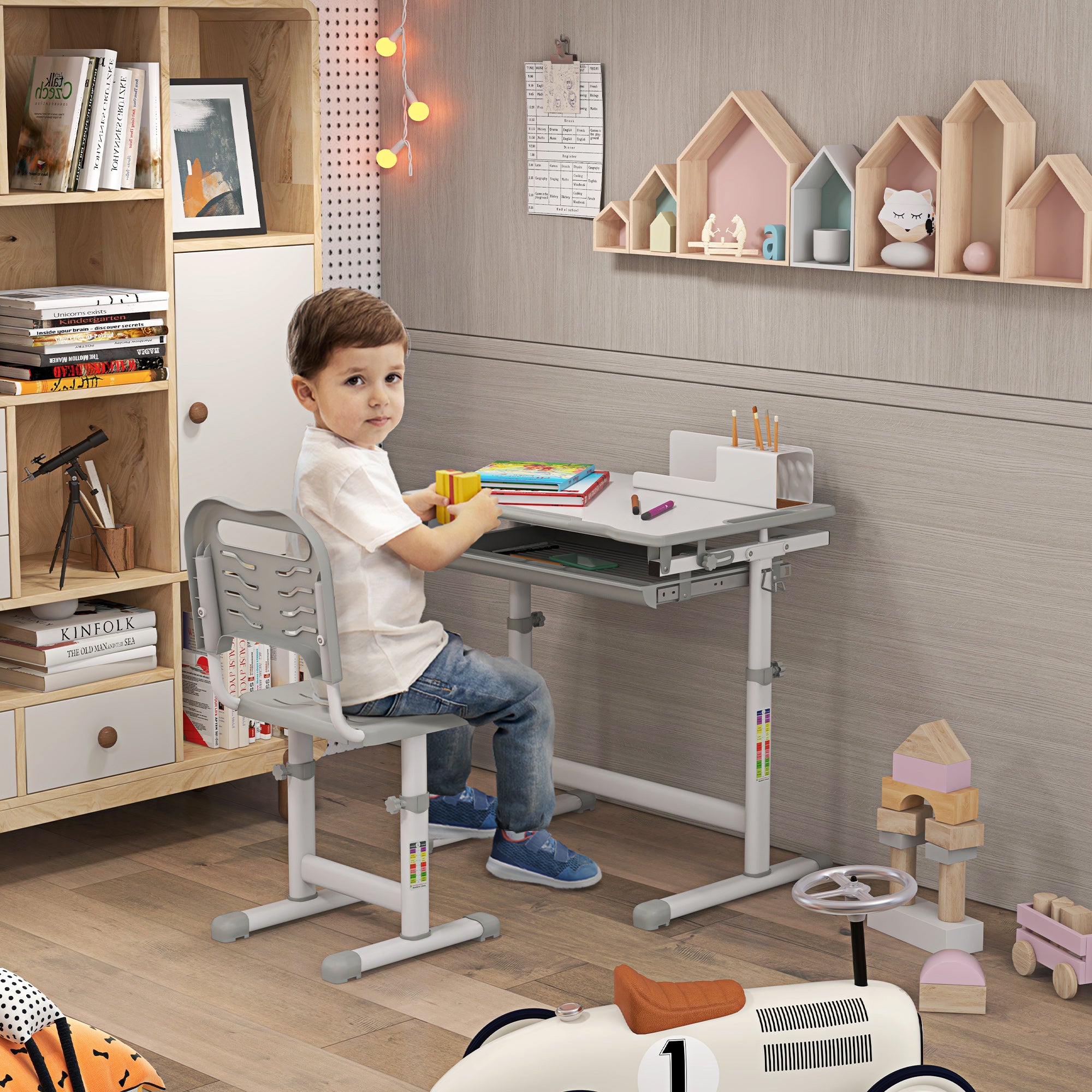 2 Piece Height Adjustable Kids Desk and Chair Set with Tiltable Grey Desktop