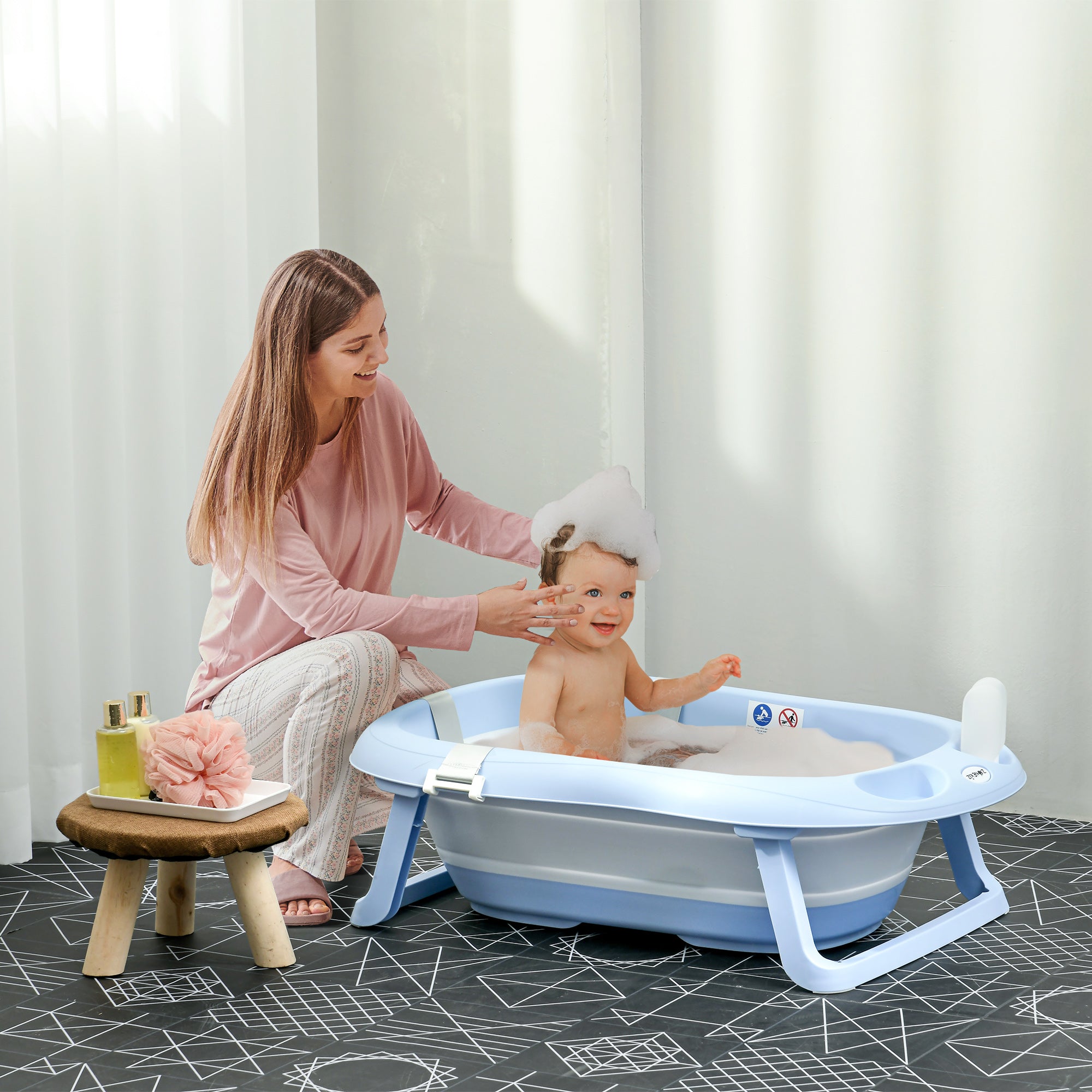 Foldable Baby Bath Tub with Non-Slip Support and Cushion Pad - Blue