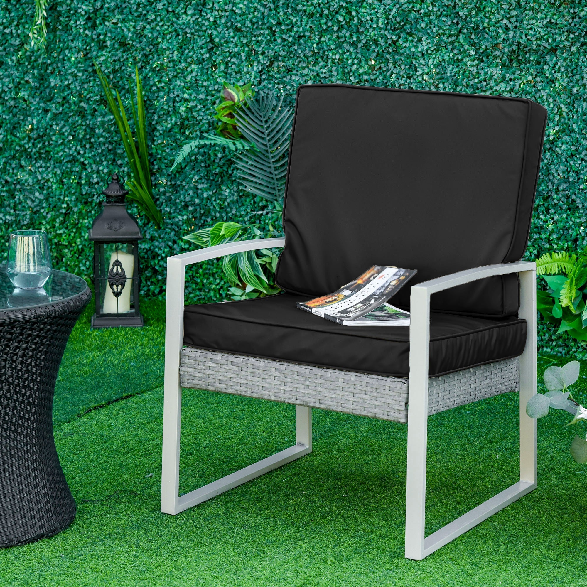 2 Piece Rattan Sofa Cushion Set with Polyester Covers - Black