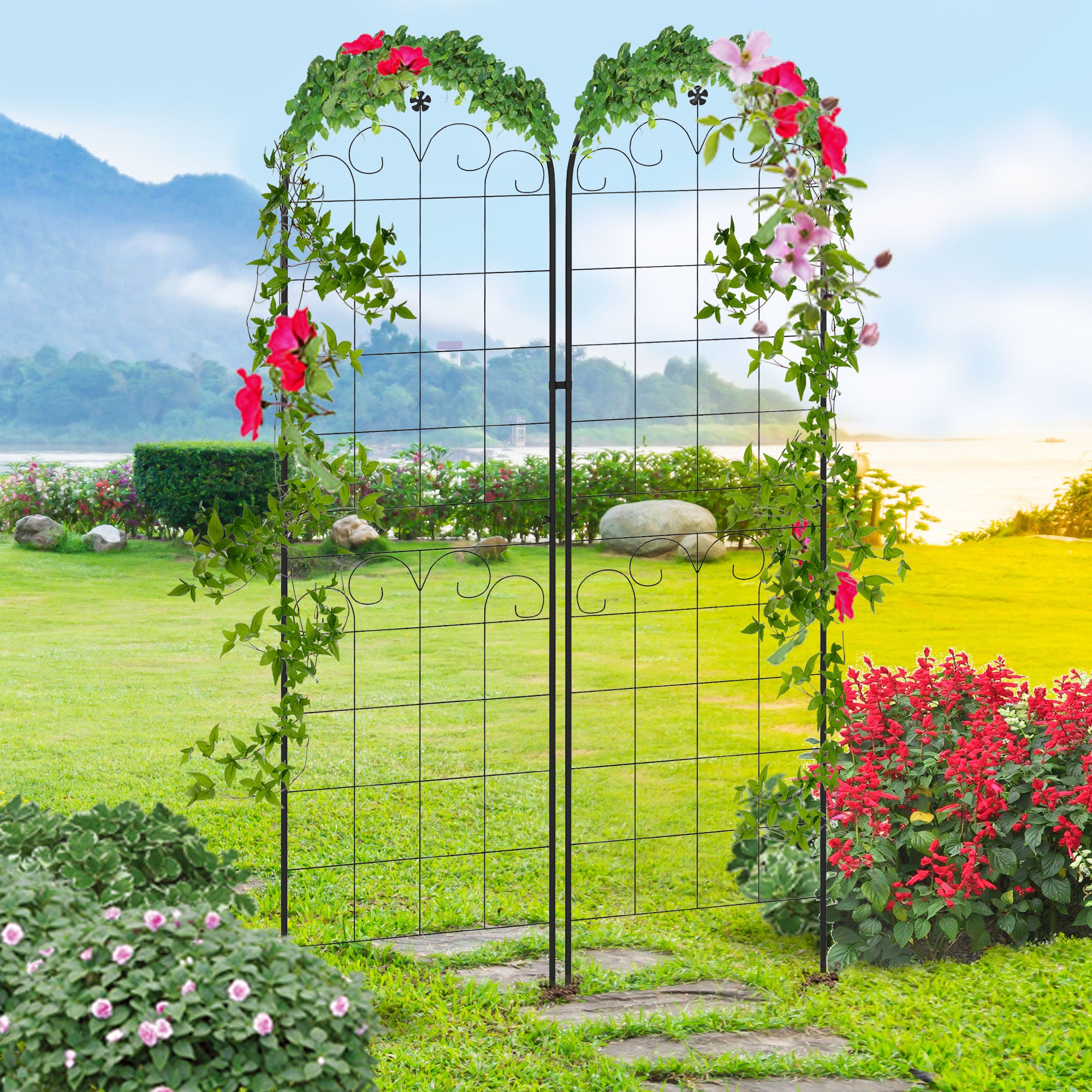 Set of 2 Metal Garden Trellis Panels 180x50cm Powder Coated Floral Design - Black