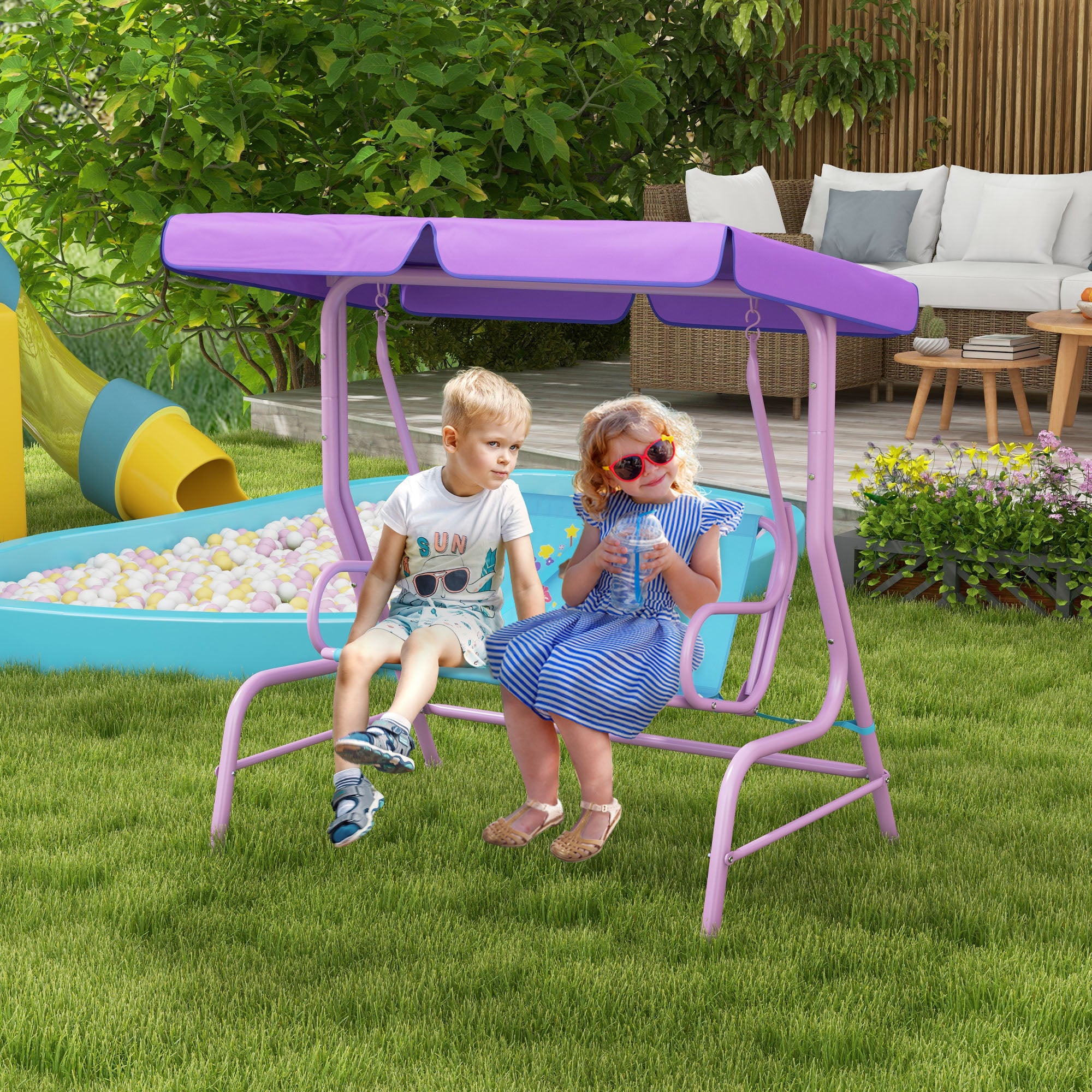 2 Seater Kids Garden Swing Chair with Adjustable Canopy and Safety Belts - Fairy Themed