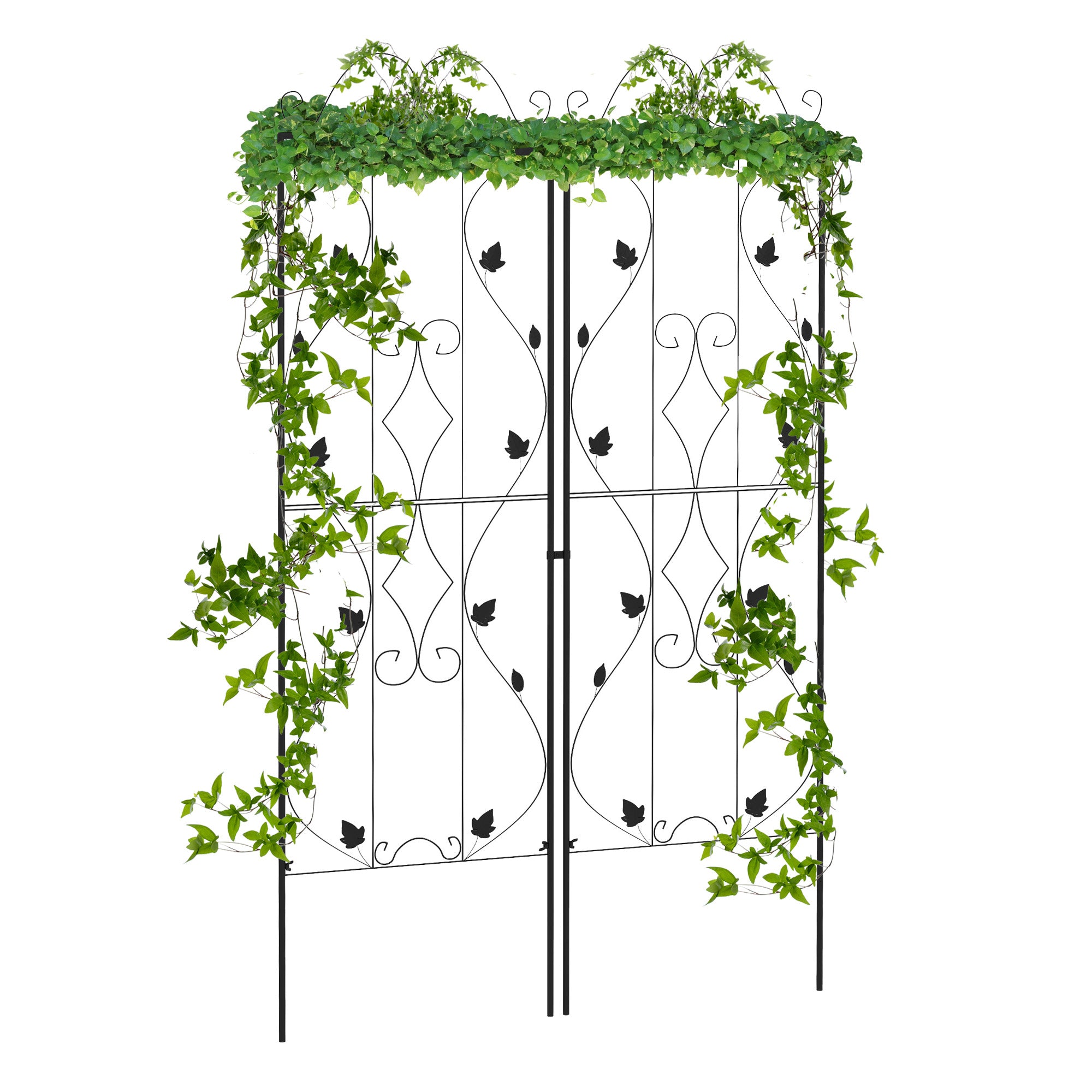 Set of 2 Metal Garden Trellis Panels 181x50cm Leaf Design with Ground Spikes - Black