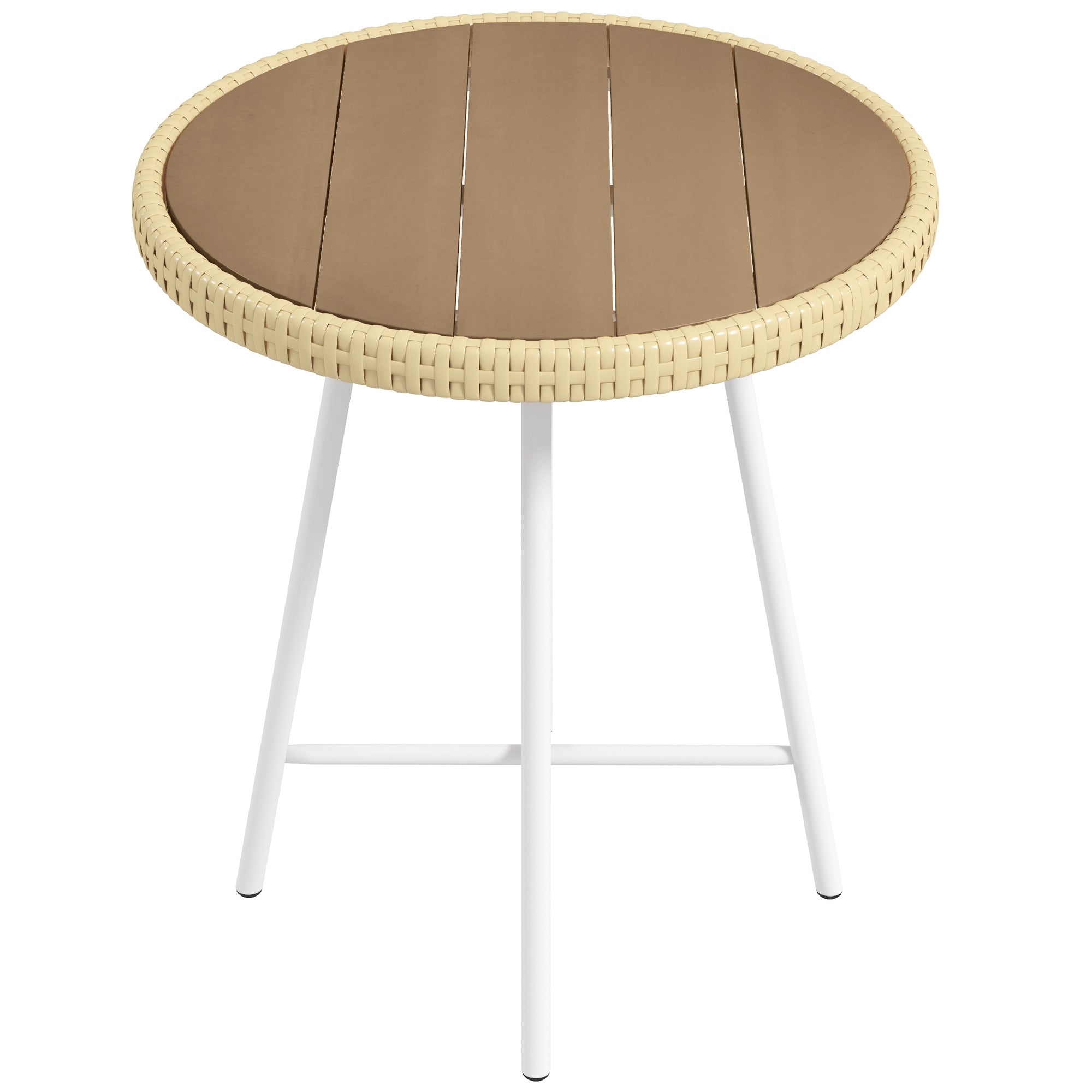 PE Rattan Side Table with Plastic Wood Top and Steel Legs - Natural Wood Finish