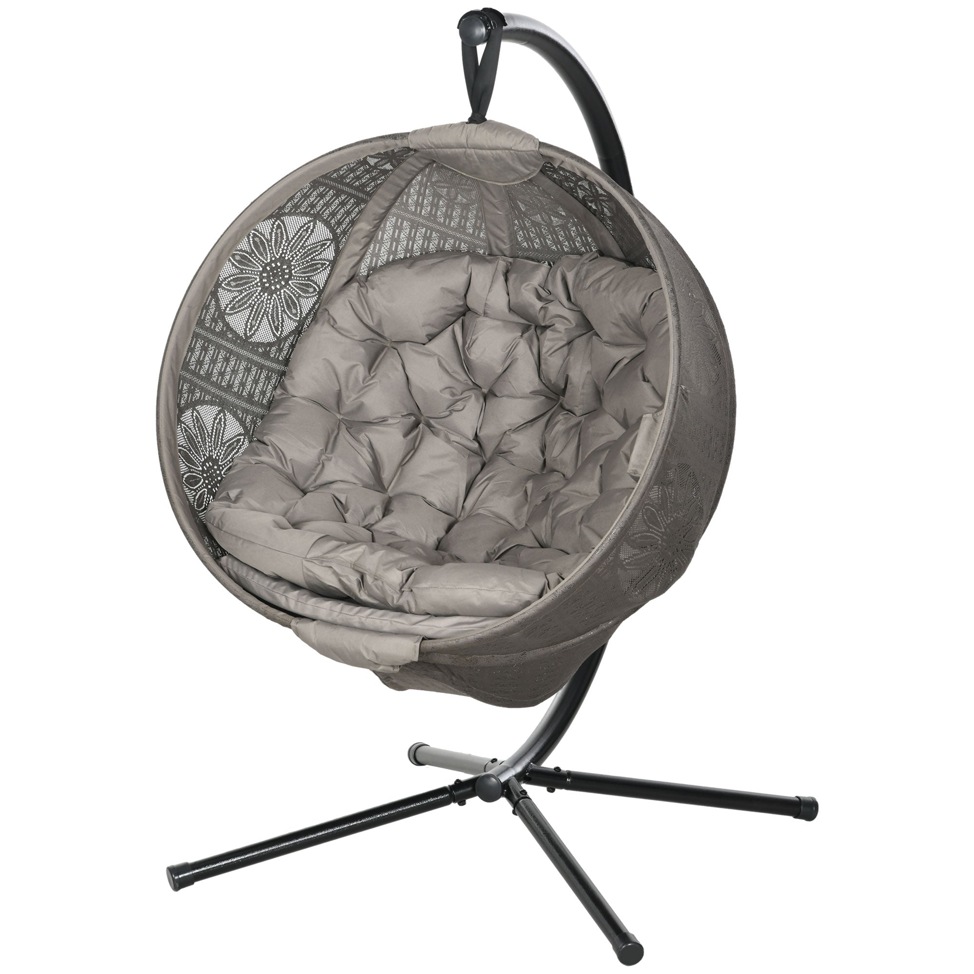 Round Egg Basket Chair with Steel Stand and Padded Seat - Grey