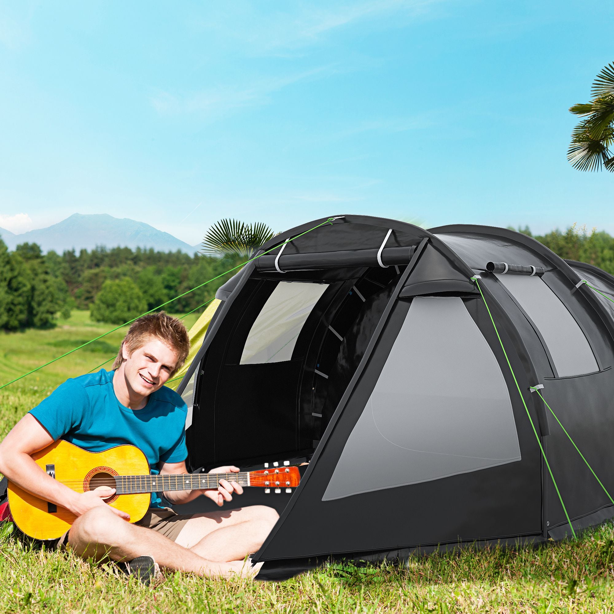 3-4 Man Two Room Tunnel Tent with Carry Bag - Black