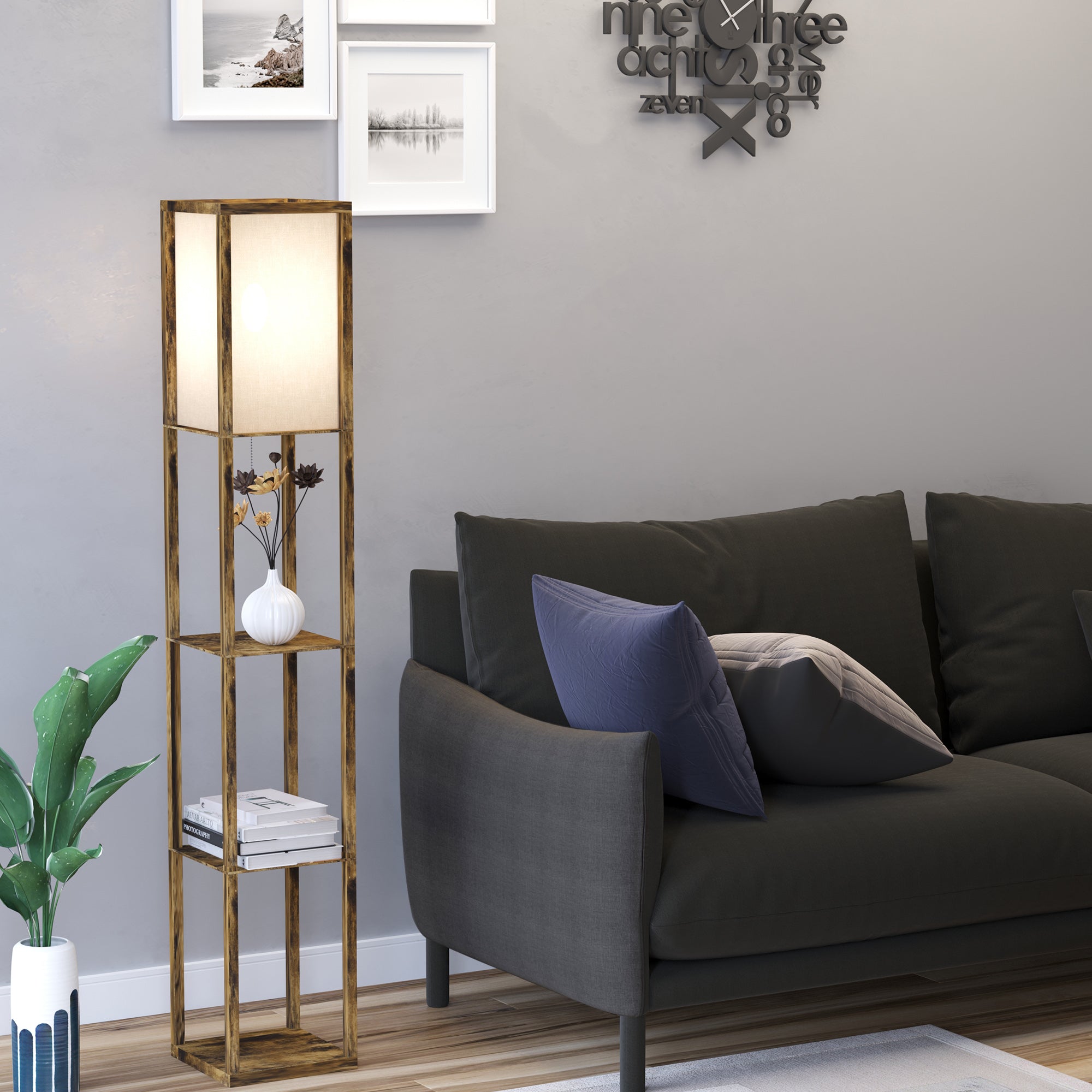 4-Tier Floor Lamp with Storage Shelves for Living Room, Bedroom, Office - Rustic Brown