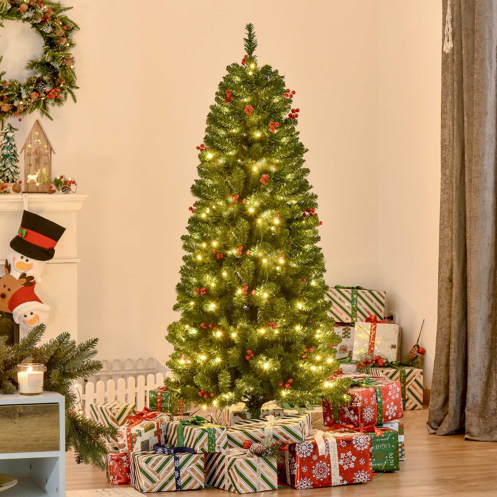 5FT Prelit Artificial Pencil Christmas Tree with Warm White LED Lights and Red Berry Decorations - Green