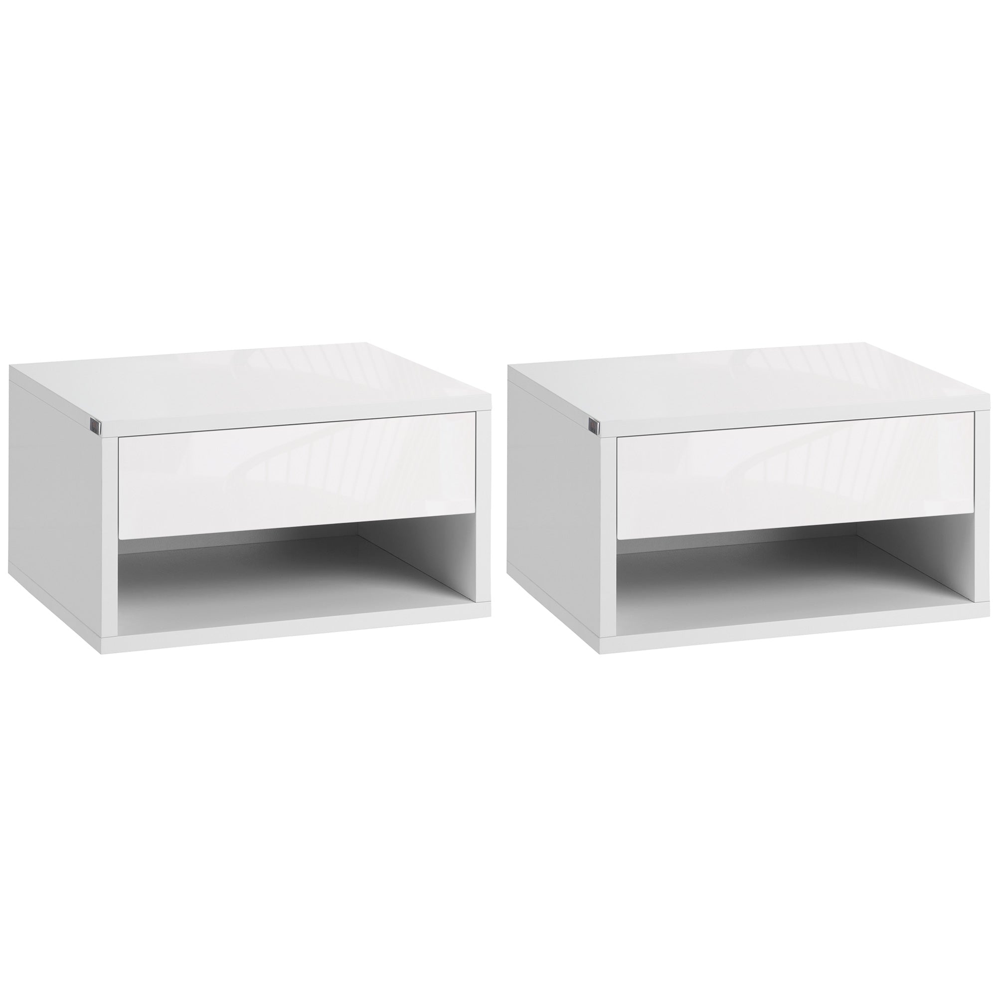 Set of 2 Wall Mounted Nightstands with Drawer and Shelf - High Gloss White
