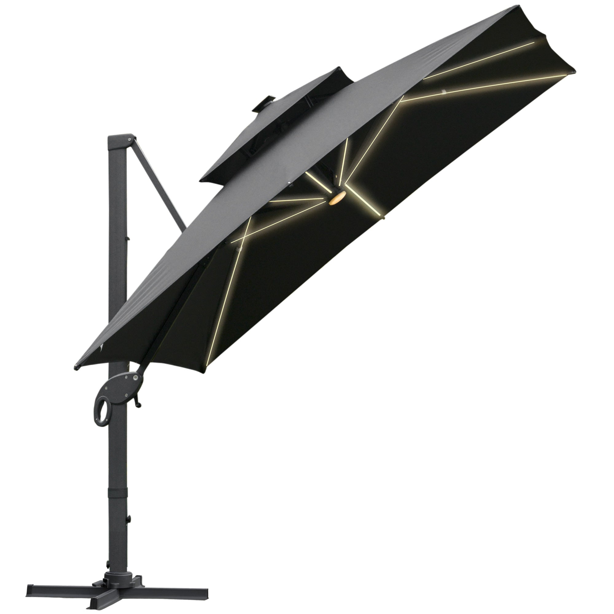3 x 3(m) Cantilever Roma Parasol Garden Sun Umbrella Outdoor Patio with LED Solar Light Cross Base 360° Rotating for Backyard Dark Gray