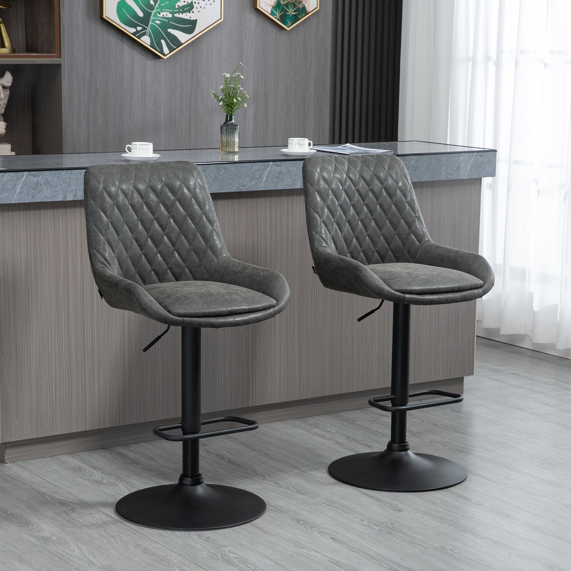 Adjustable Retro Bar Stools Set of 2 with Comfortable Upholstered Seats - Dark Grey