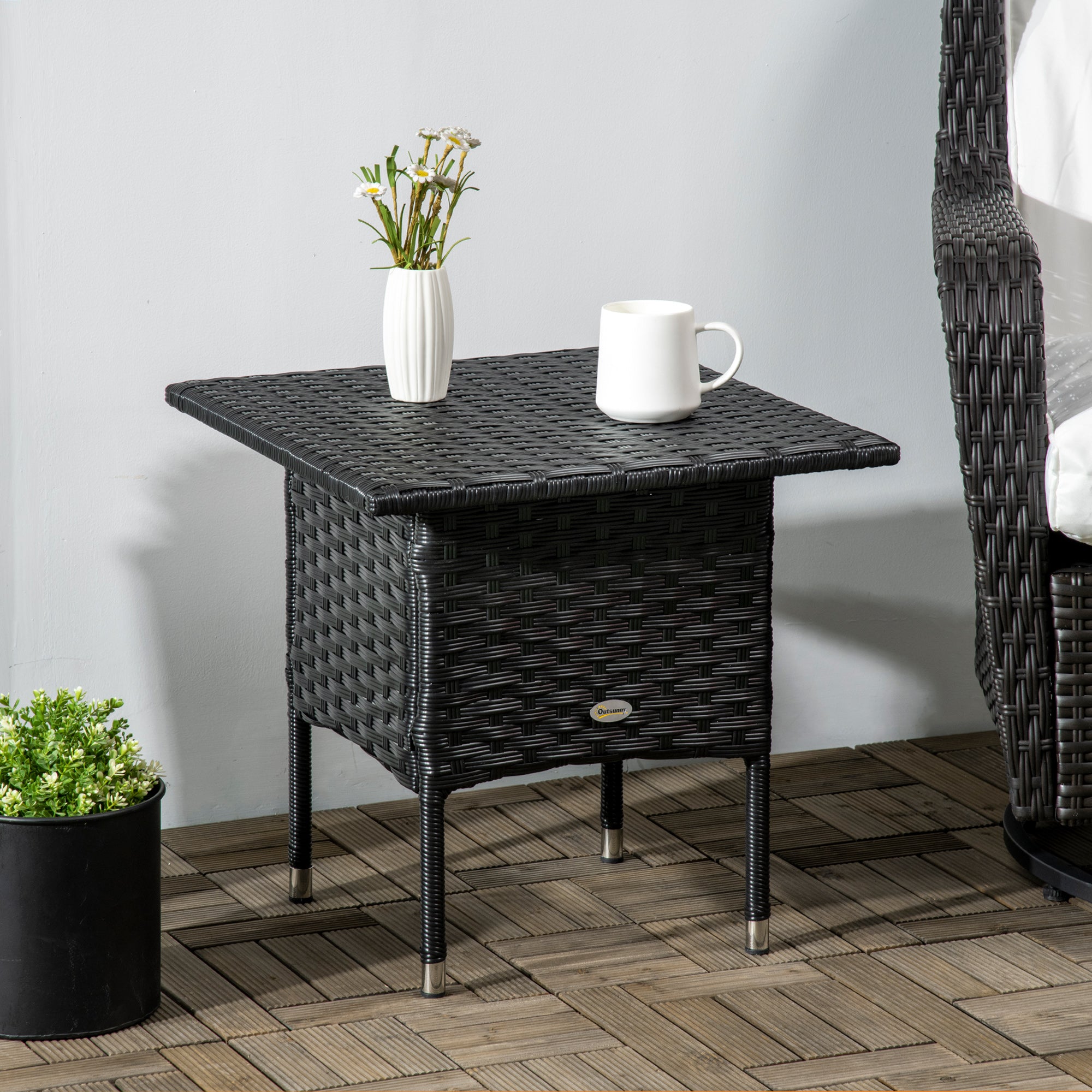 Rattan Outdoor Side Table with Plastic Board Top - Black