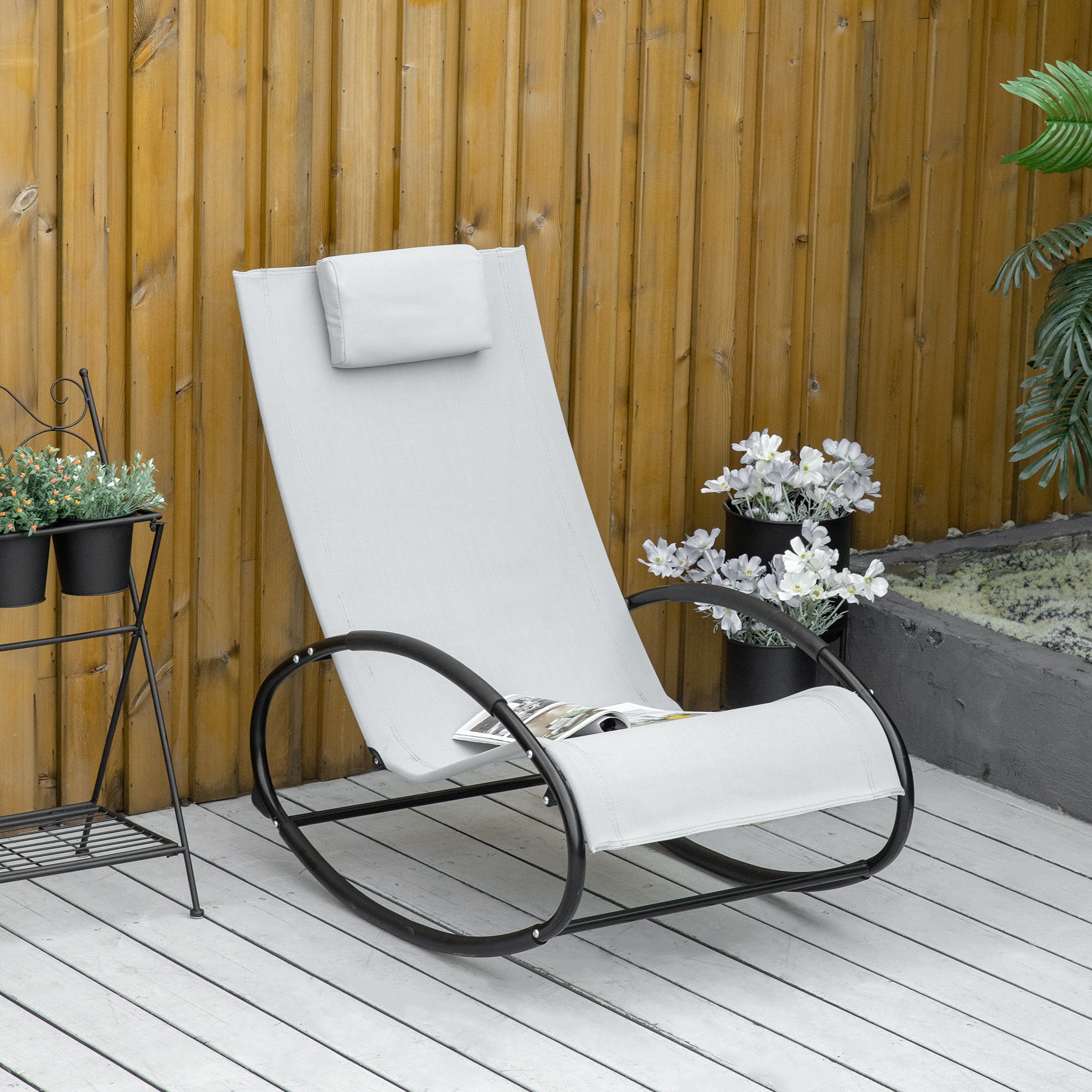 Outdoor Rocking Chair Recliner with Texteline Fabric and Pillow - Grey