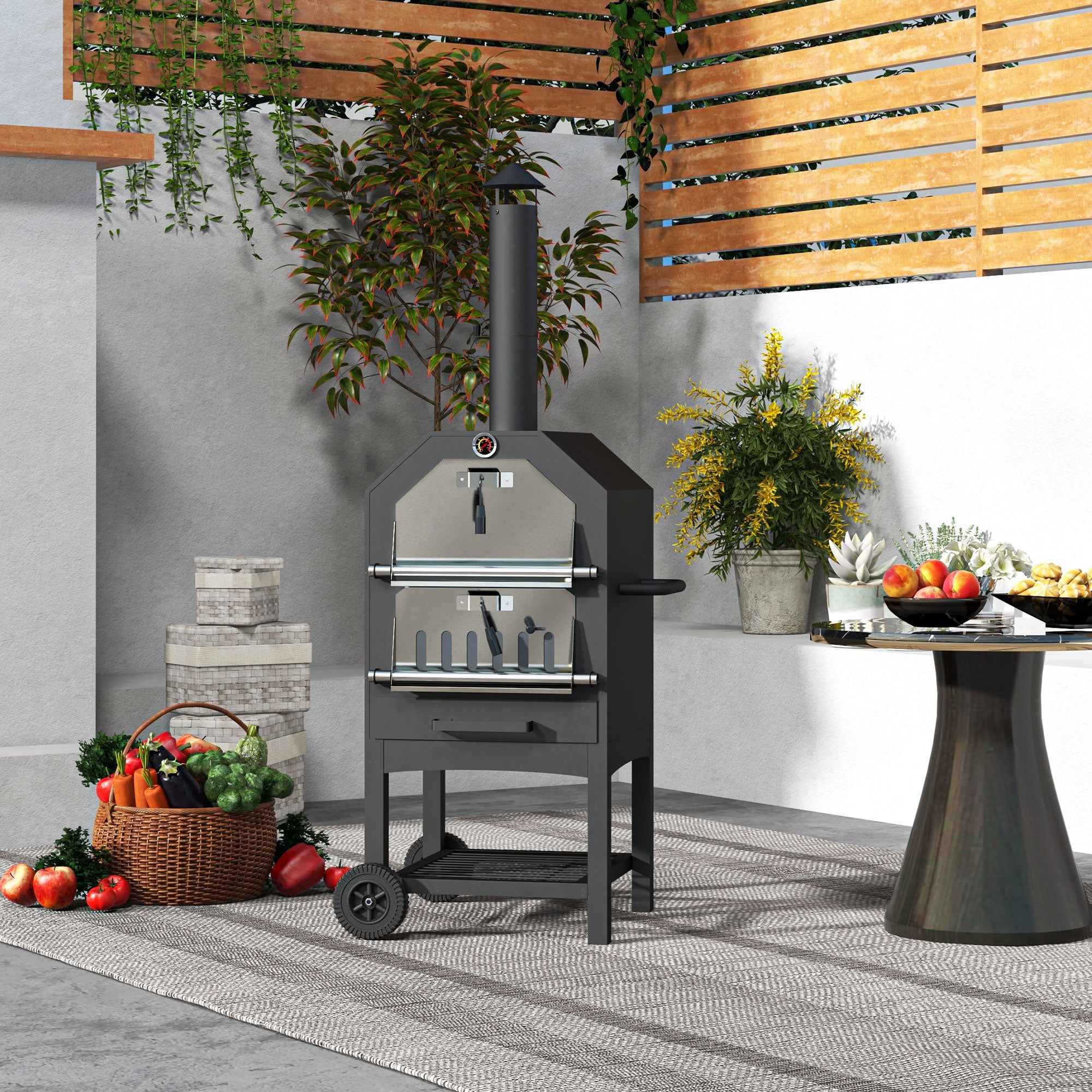 3 Tier Outdoor Pizza Oven and BBQ Grill with Charcoal Tray - Black