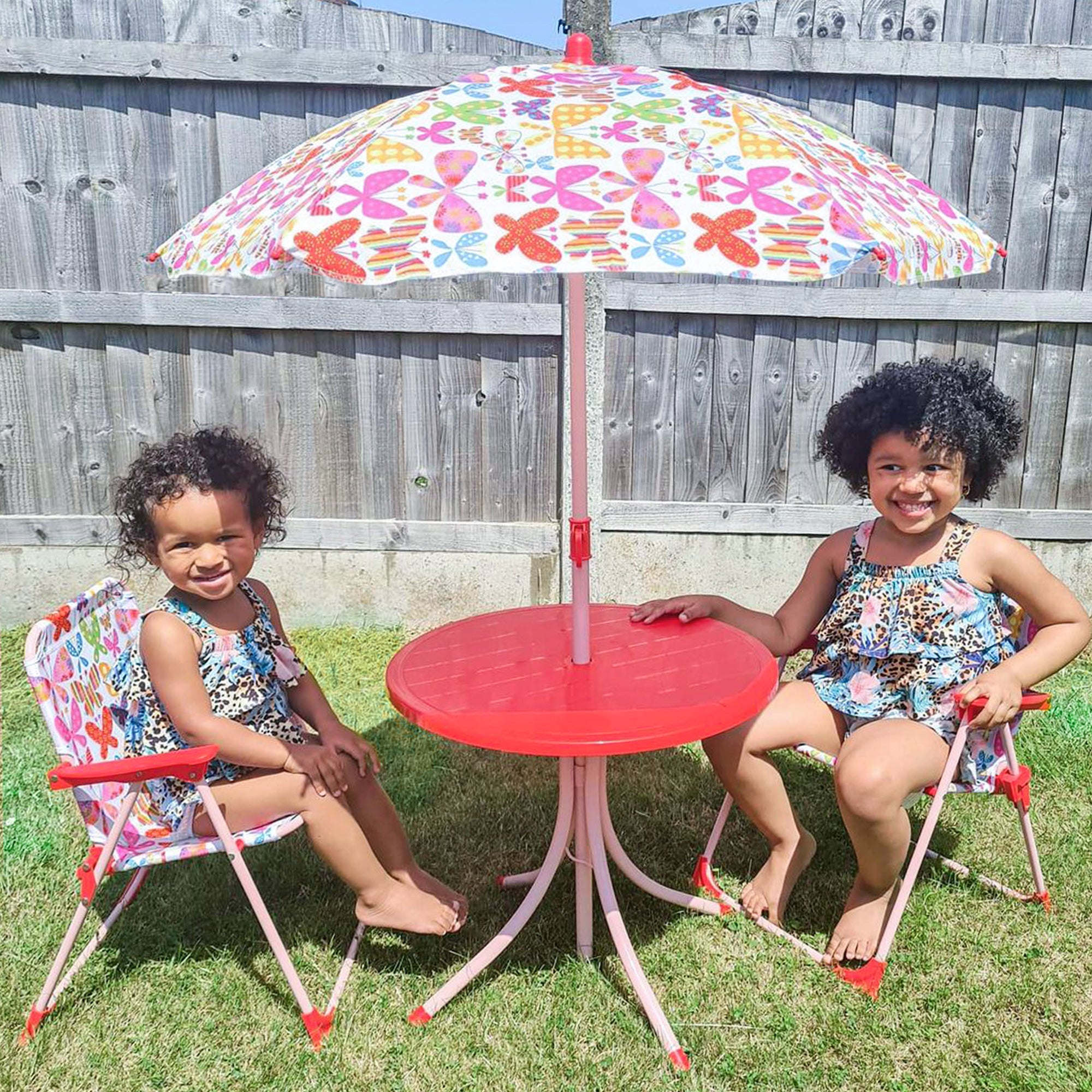 4 Piece Kids Folding Picnic Table and Chairs Set with Striped Parasol