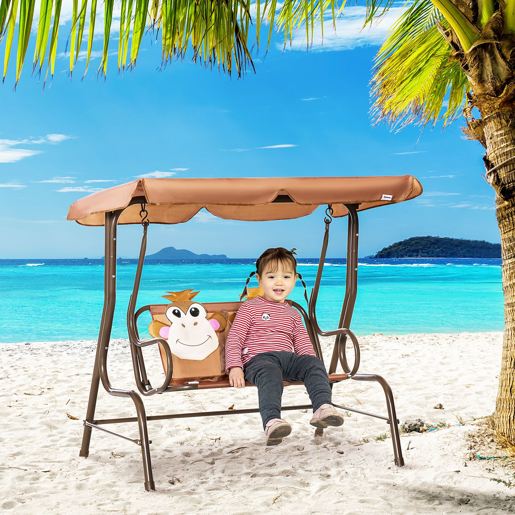 Kids Canopy Swing Chair with Adjustable Awning and Safety Seatbelts - Coffee