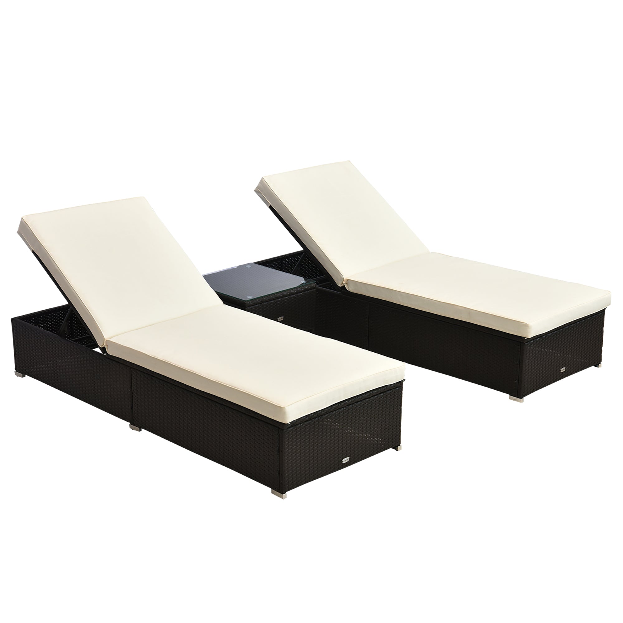 3 Piece Rattan Sun Lounger Set with Reclining Chairs and Table - Dark Coffee