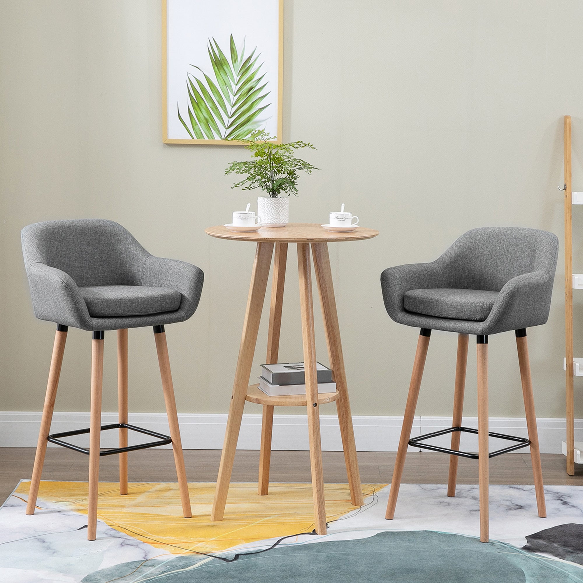 Modern Upholstered Bar Stools Set of 2 with Solid Wood Legs - Grey