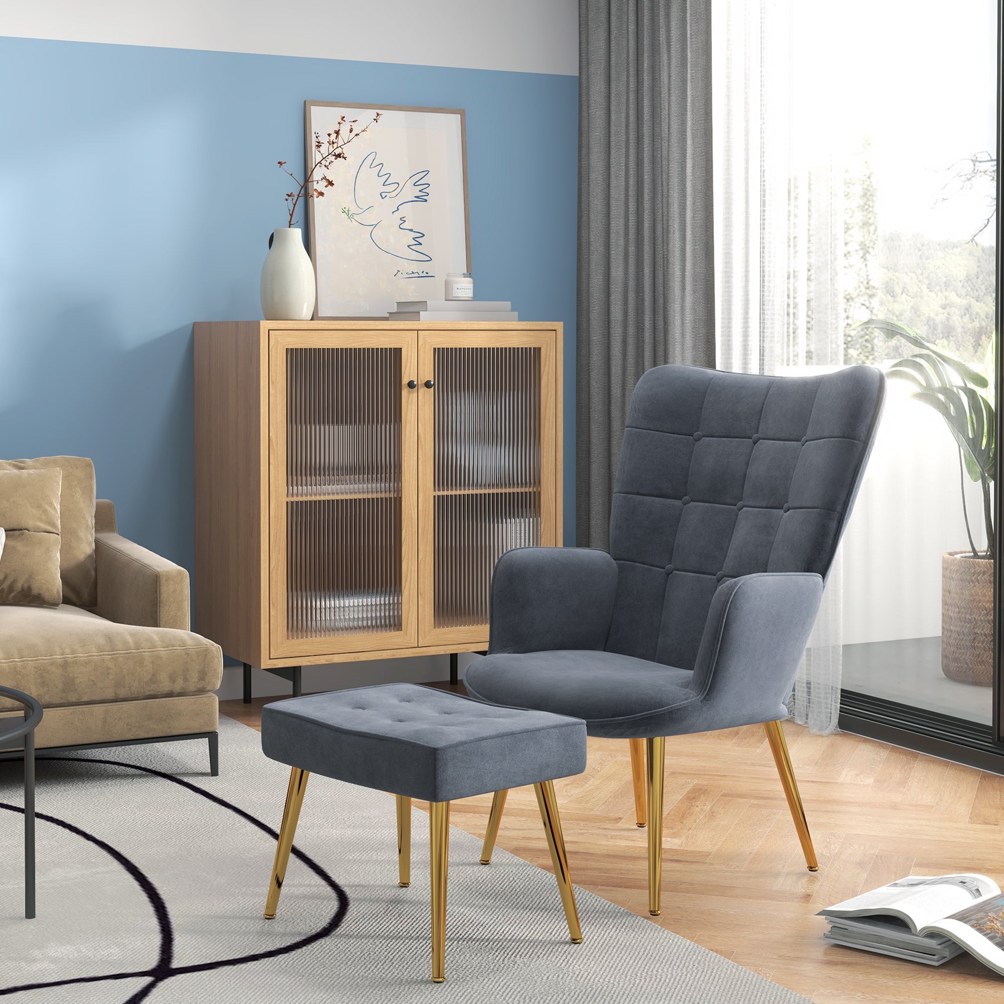 Modern Upholstered Wingback Armchair and Footstool Set - Dark Grey