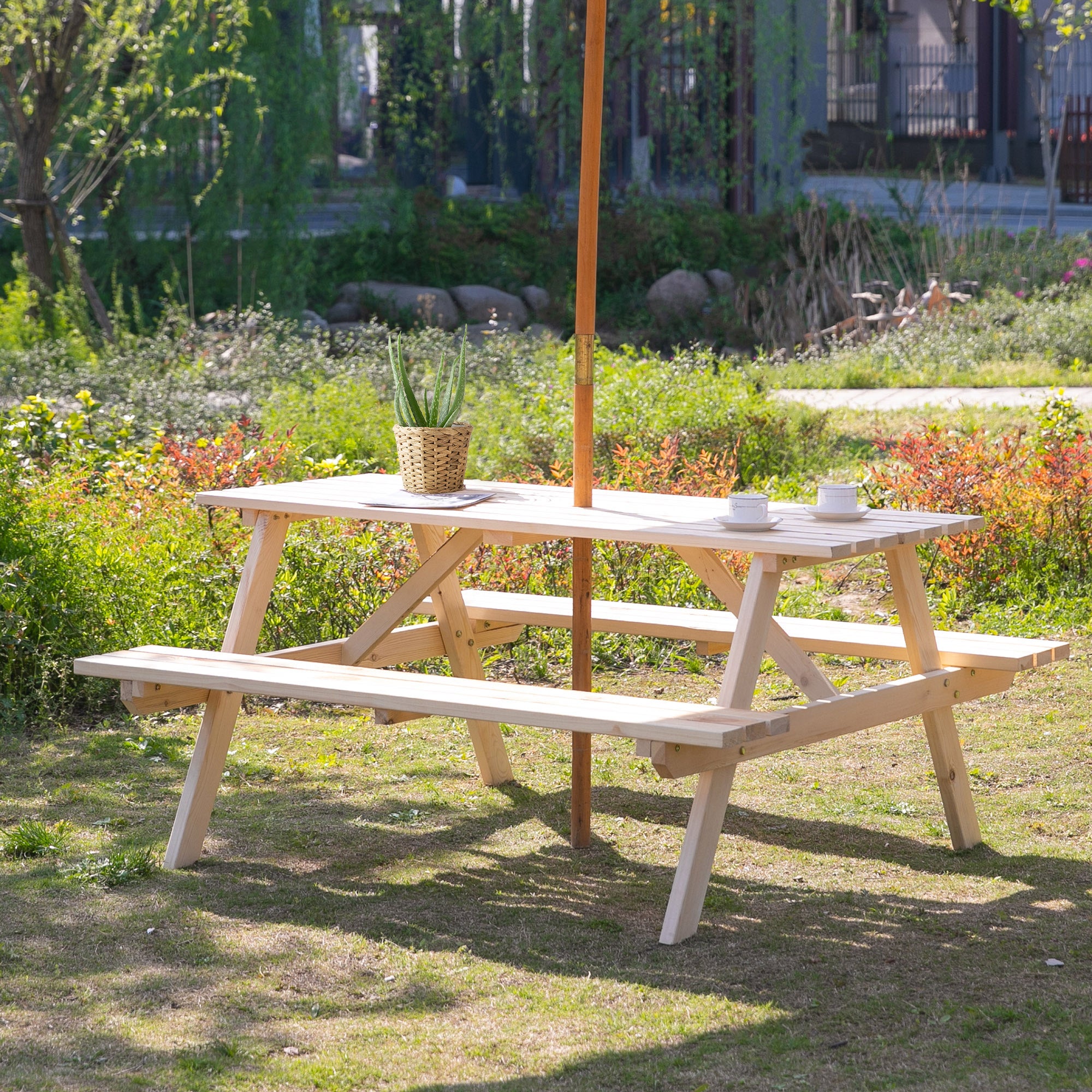 4 Seater Fir Wood Picnic Table Bench with Parasol Cutout - Brown