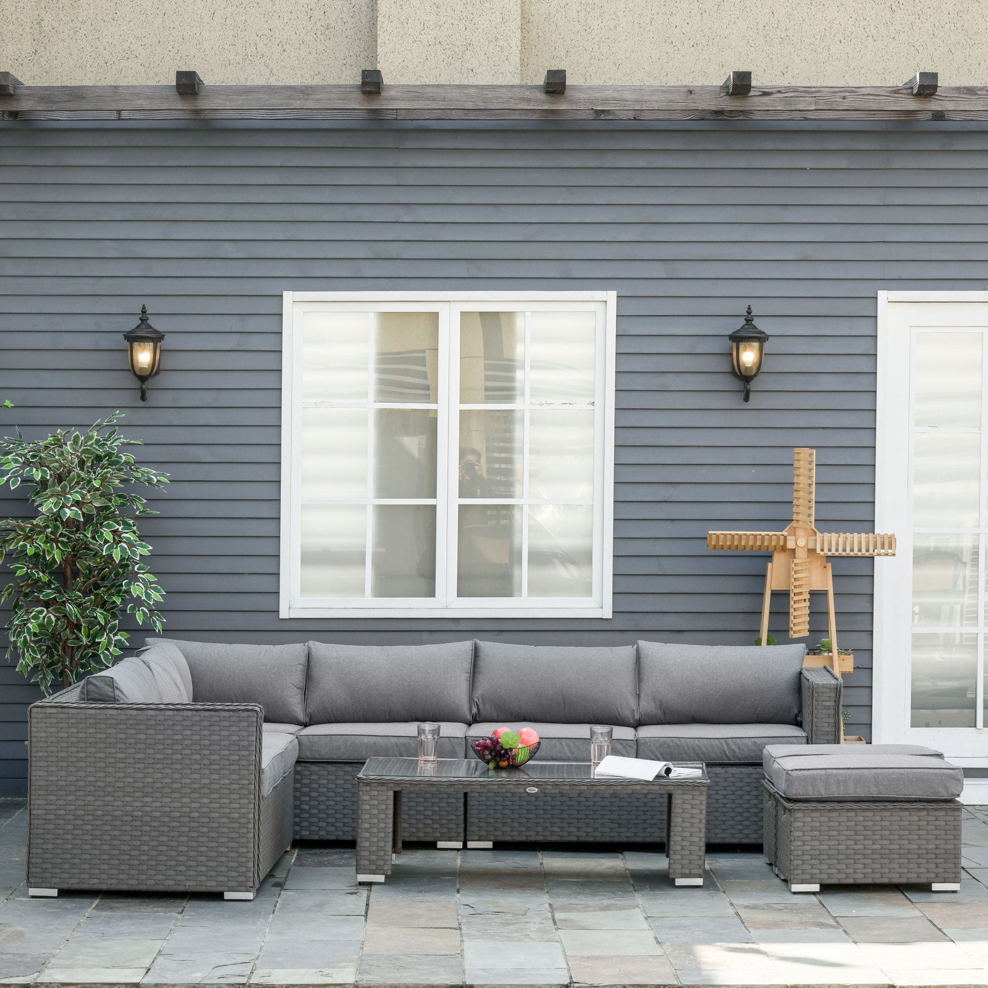 6 Piece PE Rattan Garden Corner Sofa Set with Cushions - Grey