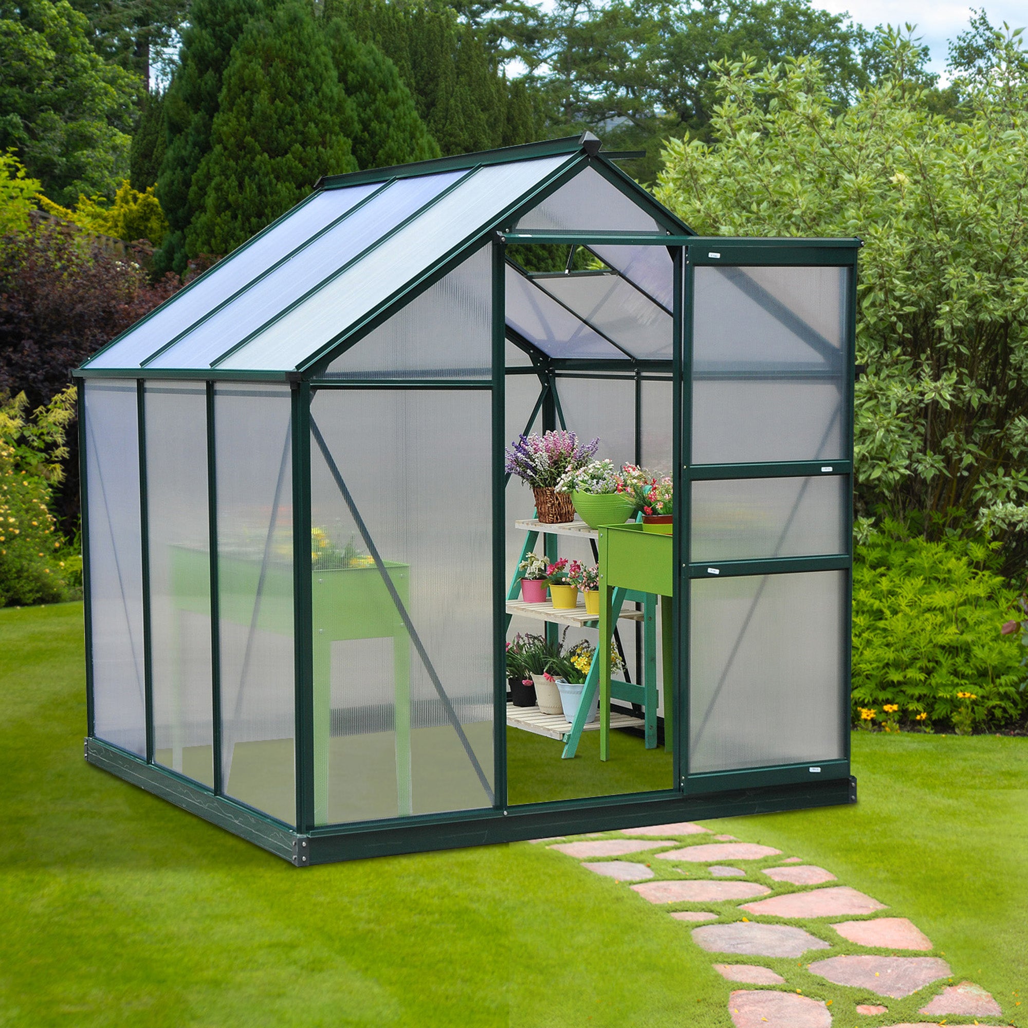 6x6 ft Aluminium Frame Walk-In Greenhouse with Polycarbonate Panels and Galvanized Base - Green