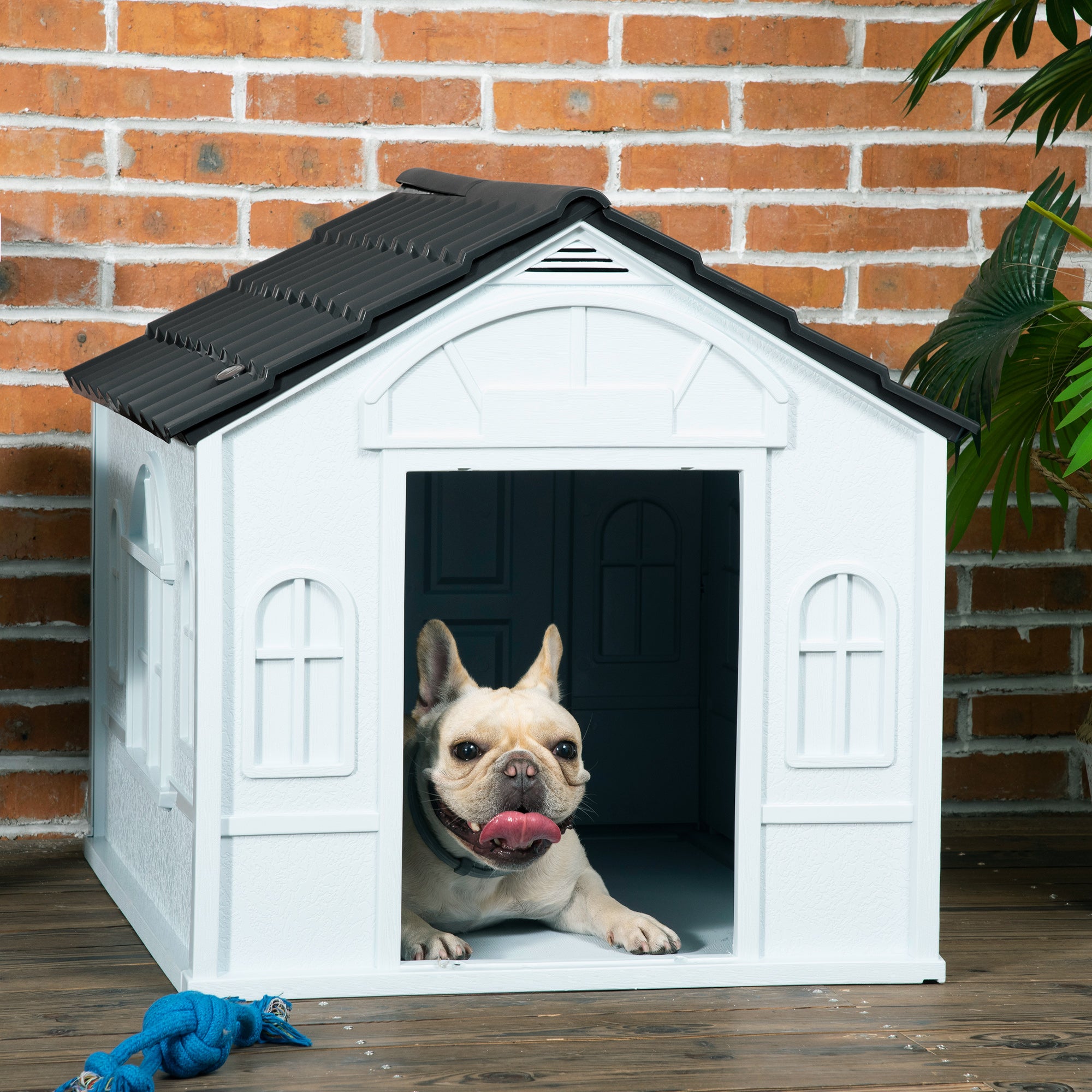 Plastic Weatherproof Medium Dog House with Ventilation - Grey