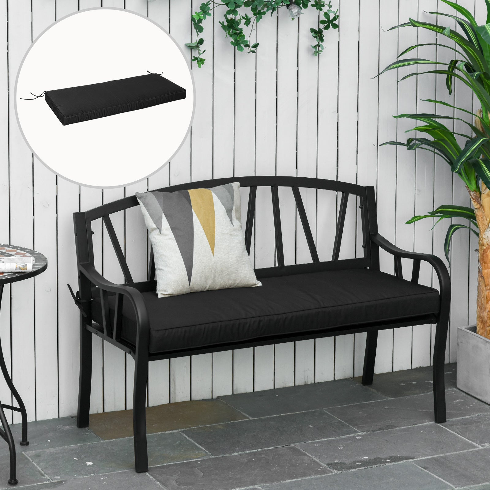 2 Seater Garden Bench Cushion with Thick Sponge Filling - Black Polyester