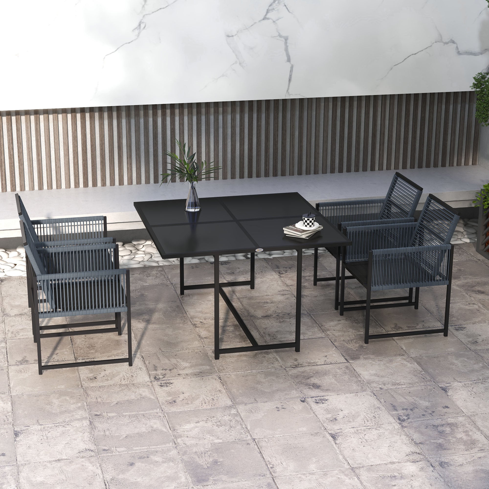 5 Piece Garden Dining Set with Tempered Glass Top and Foldable Backrest - Dark Grey