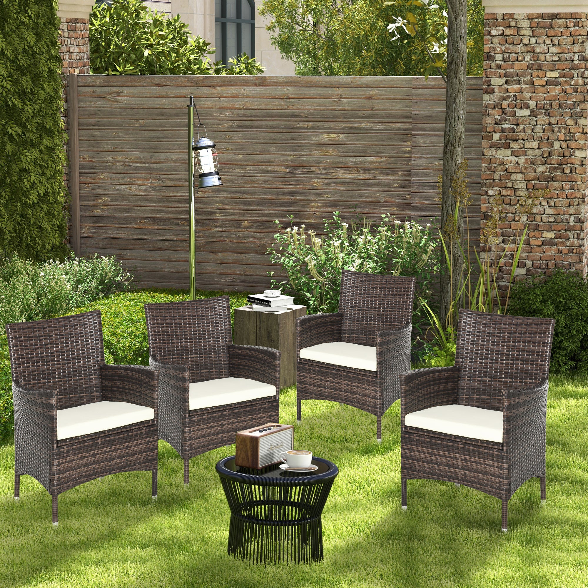 4 Piece Cushioned Rattan Chair Set With Metal Frame - Brown