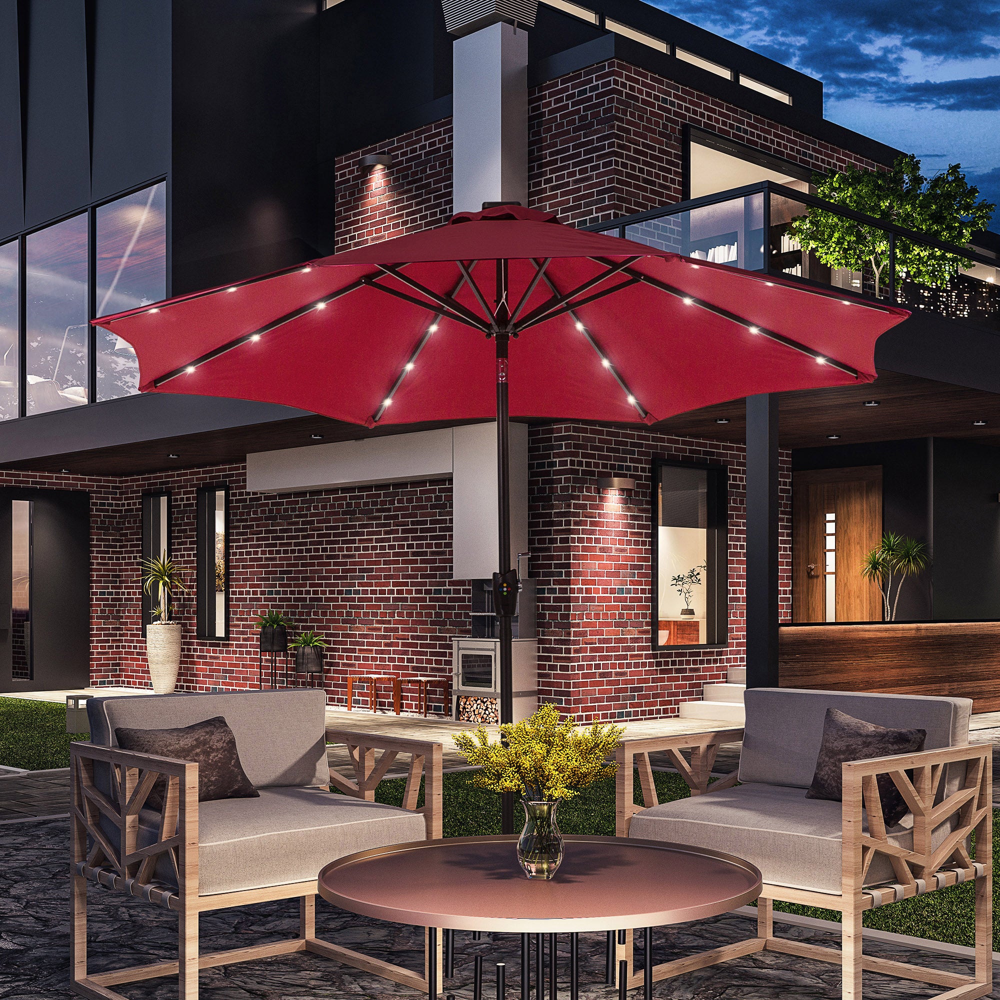 2.7m Solar Garden Parasol with 24 LED Lights and Tilt Crank Red