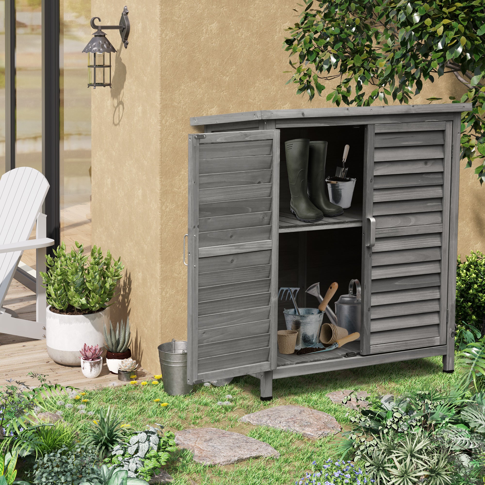 Wooden Garden Storage Shed 2 Door Solid Fir Wood Grey