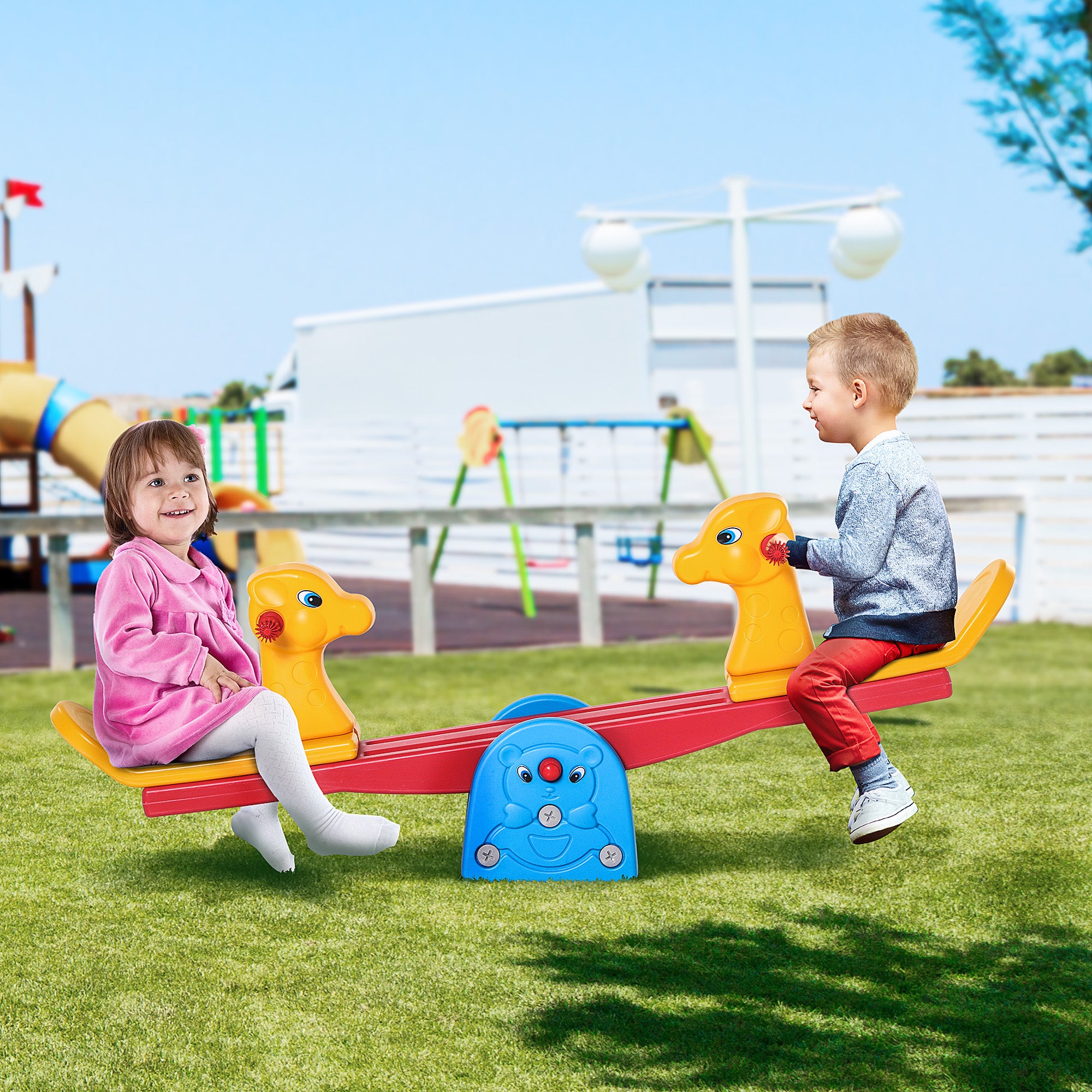 Kids Seesaw Teeter Totter 2 Seats with Easy-Grip Handles, 360° Rotation, Safe for 1-4 Years - Multicolor