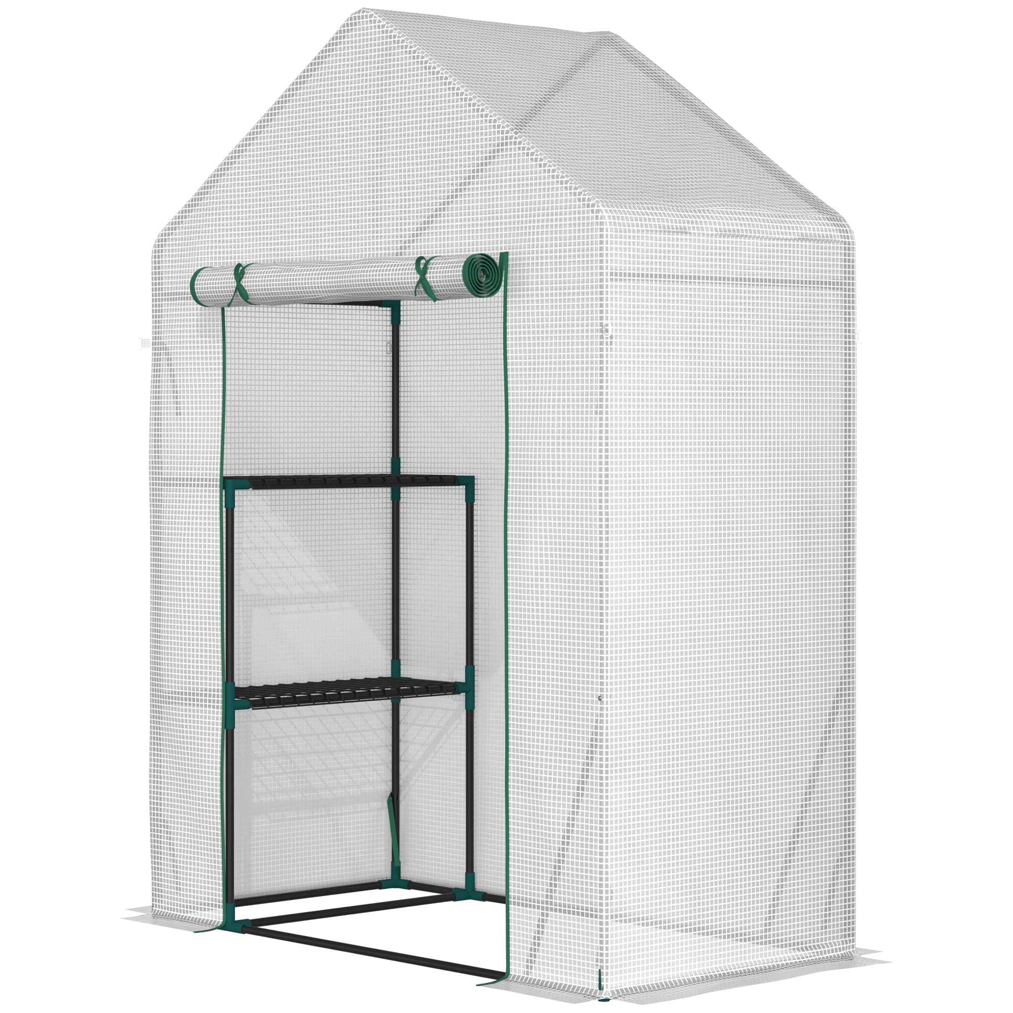 Portable 2 Tier Greenhouse with PE Cover and Roll-Up Door - Green