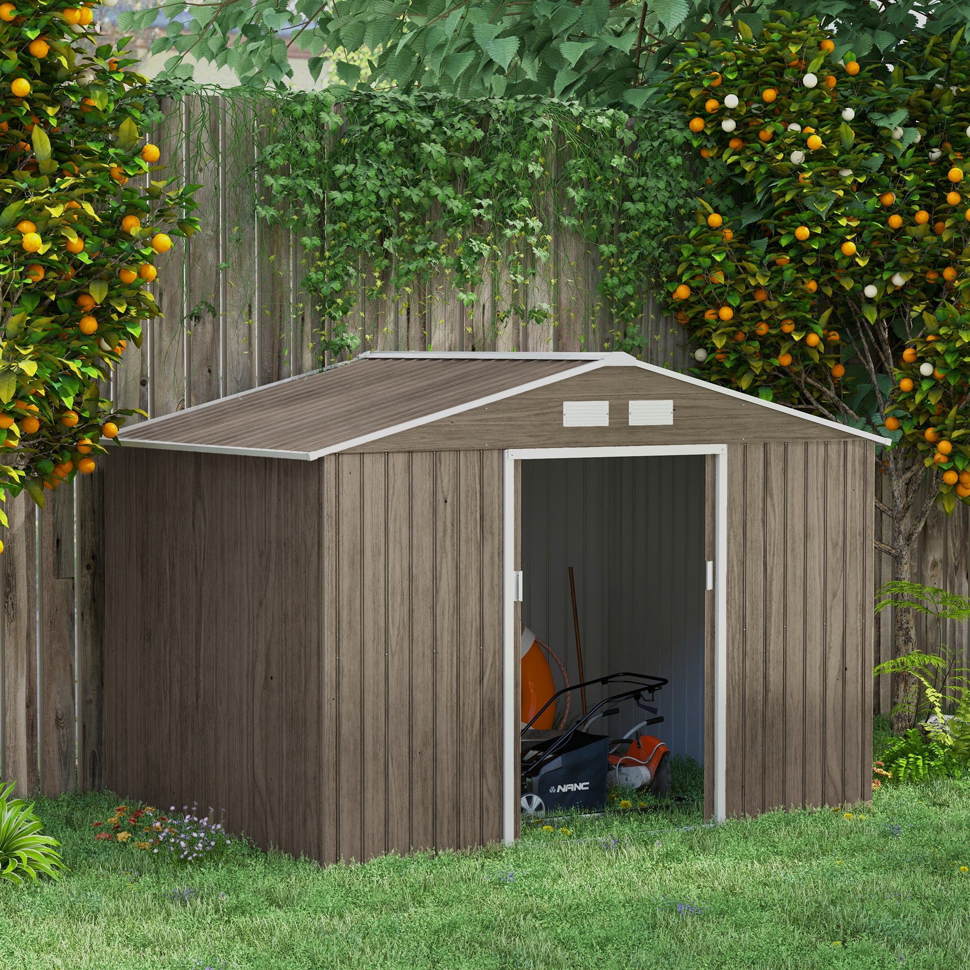 9 x 6ft Metal Garden Storage Shed with Lockable Doors - Brown