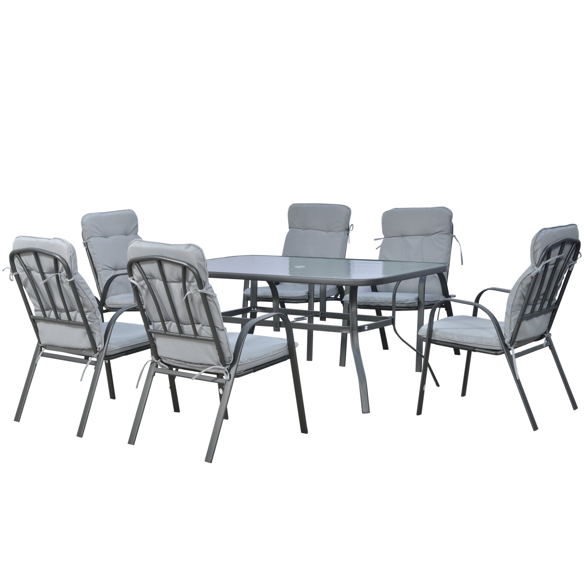 7 Piece Garden Dining Set with Cushioned Armchairs and Tempered Glass Table - Black