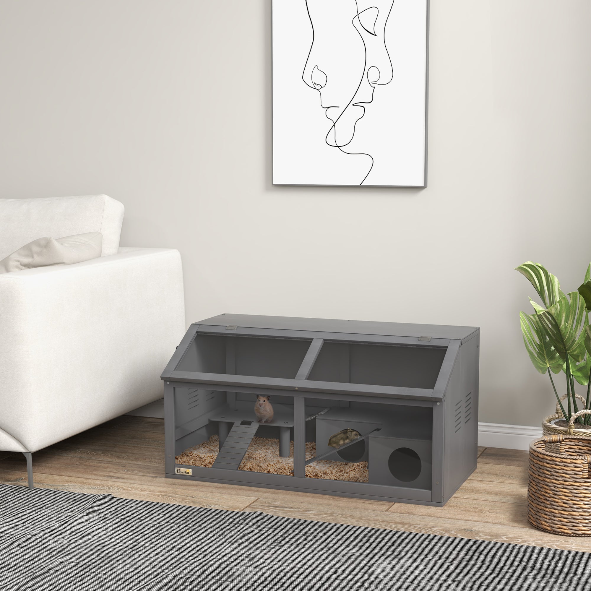 Wooden Hamster Cage with Suspension Bridge, Hut & Openable Top for Small Animals 85x45x44cm - Grey