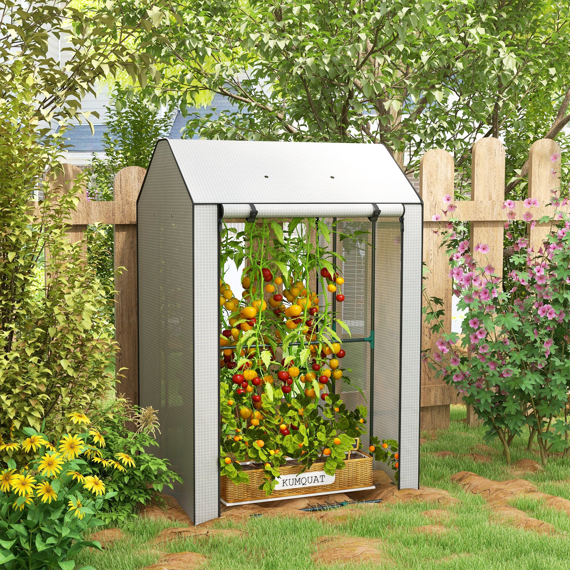 Mini Greenhouse with 4 Wire Shelves and Roll Up Doors - White