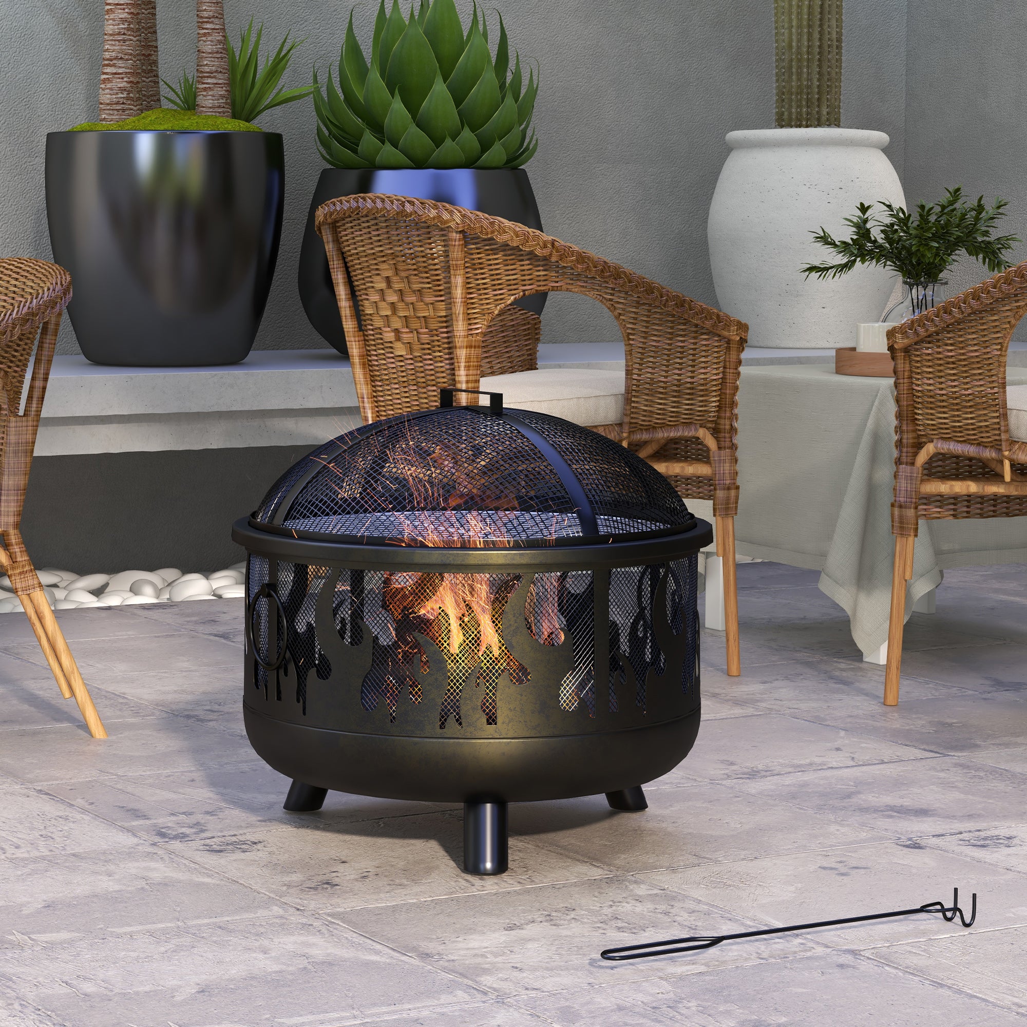 Metal Firepit Bowl 2-in-1 Outdoor BBQ Grill with Lid and Handles Black
