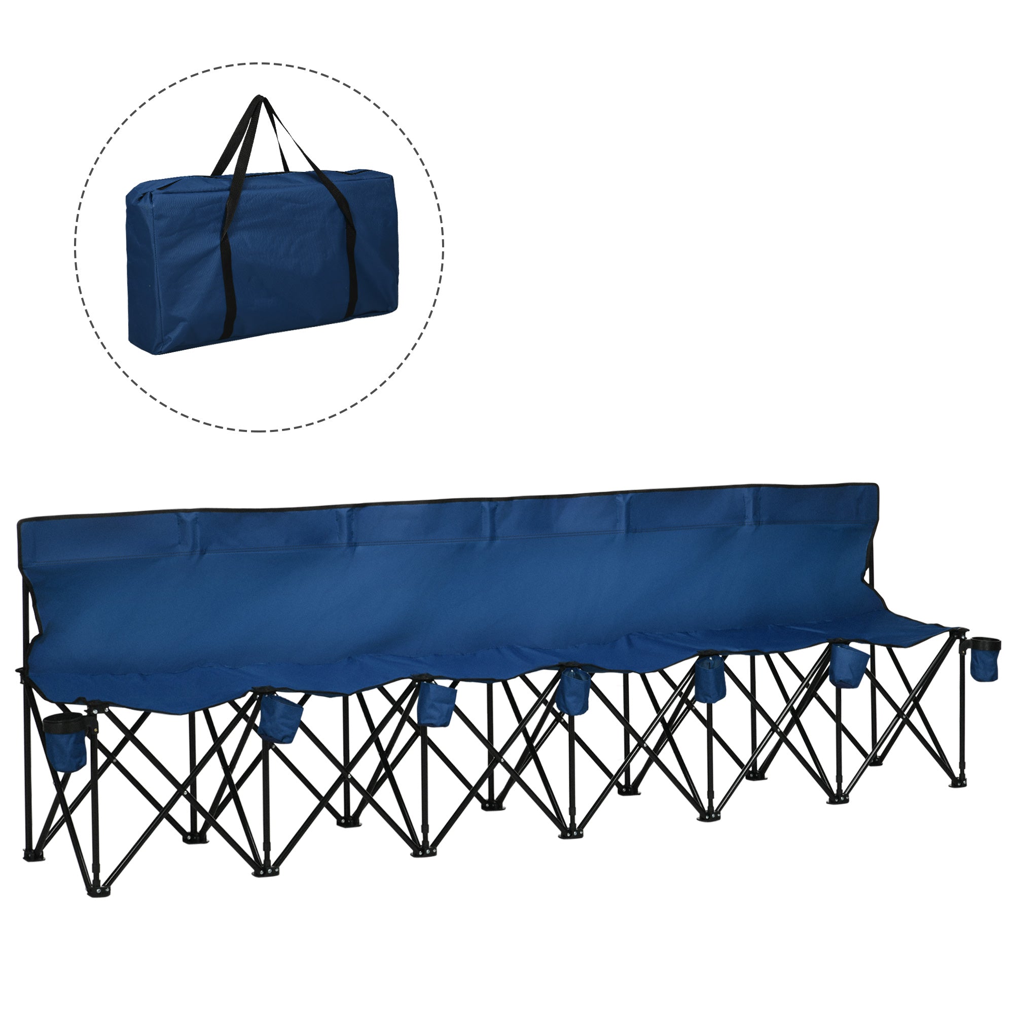 6 Seater Folding Sports Bench with Removable Cup Holders - Blue