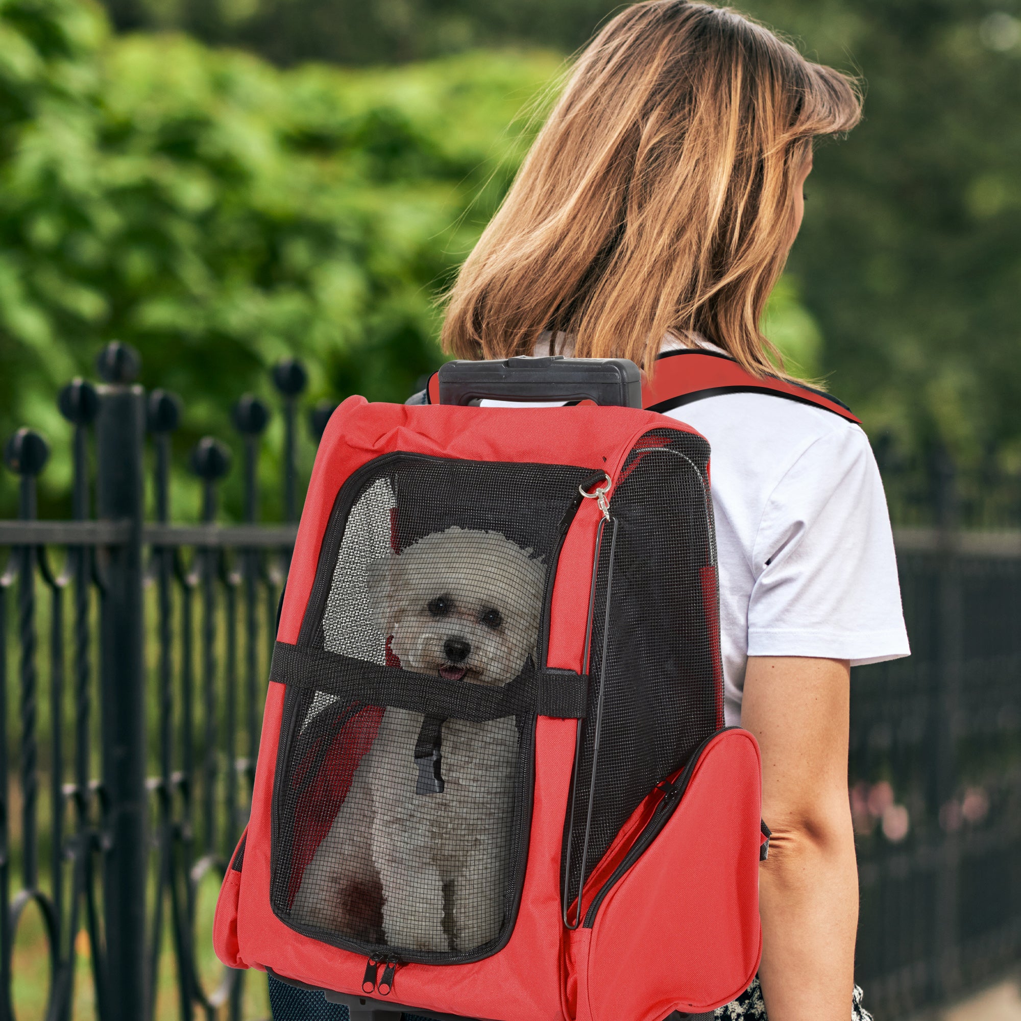 Dog Carrier Bag Travel Backpack Bag Cat Carrier Dog Bag w/ Trolley and Telescopic Handle, 42 x 25 x 55 cm, Red