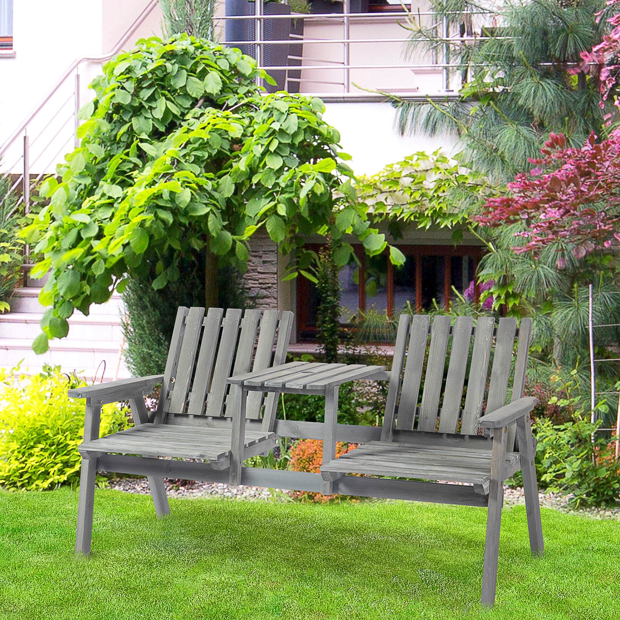 2 Piece Wooden Garden Bench and Table Set with Parasol Hole - Grey