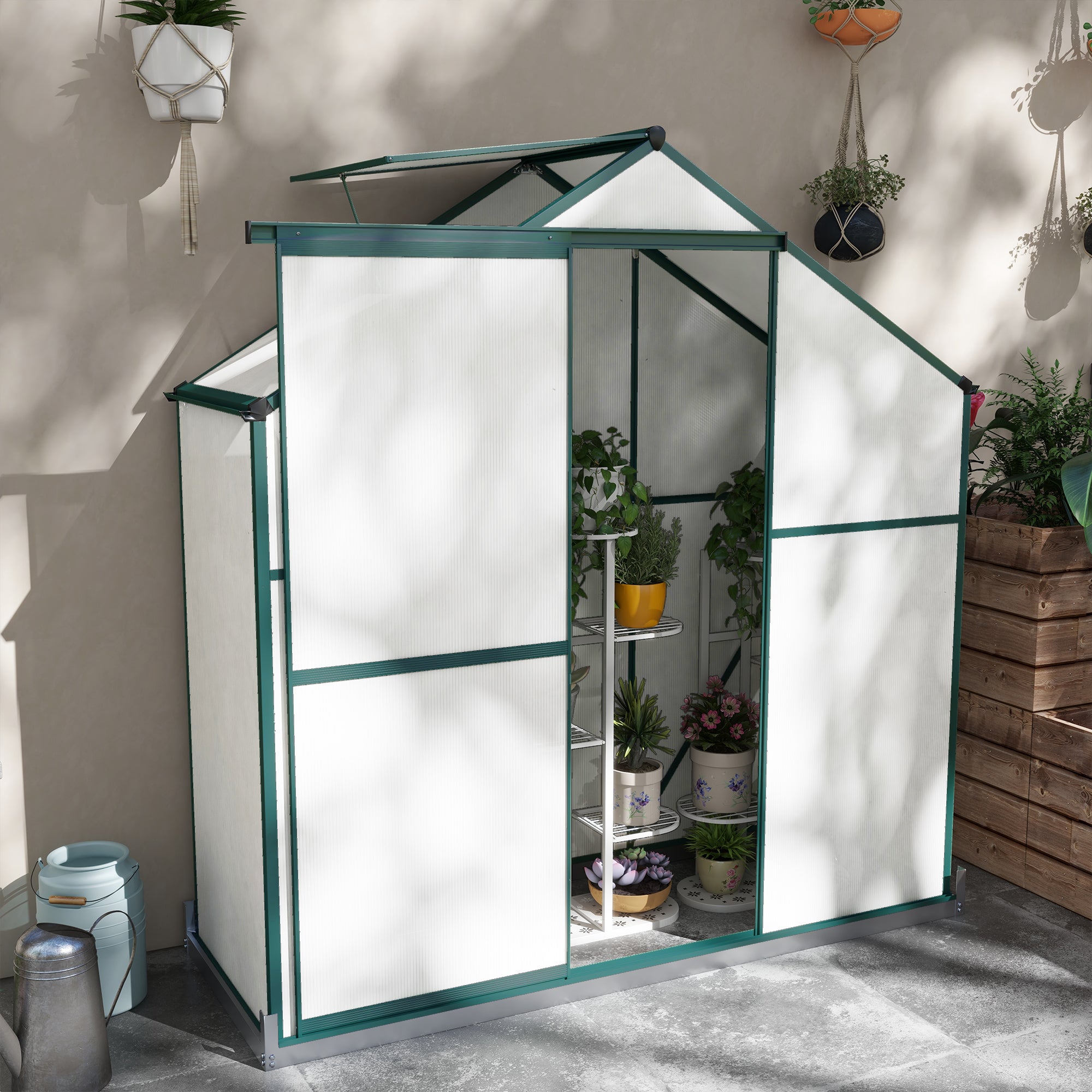 6 Foot Polycarbonate Greenhouse with Sliding Door and Rain Gutter - Green