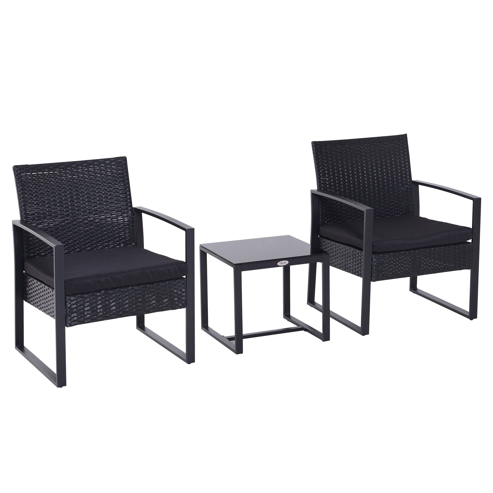 3 Piece Rattan Bistro Set with Cushions and Glass Table Top - Black