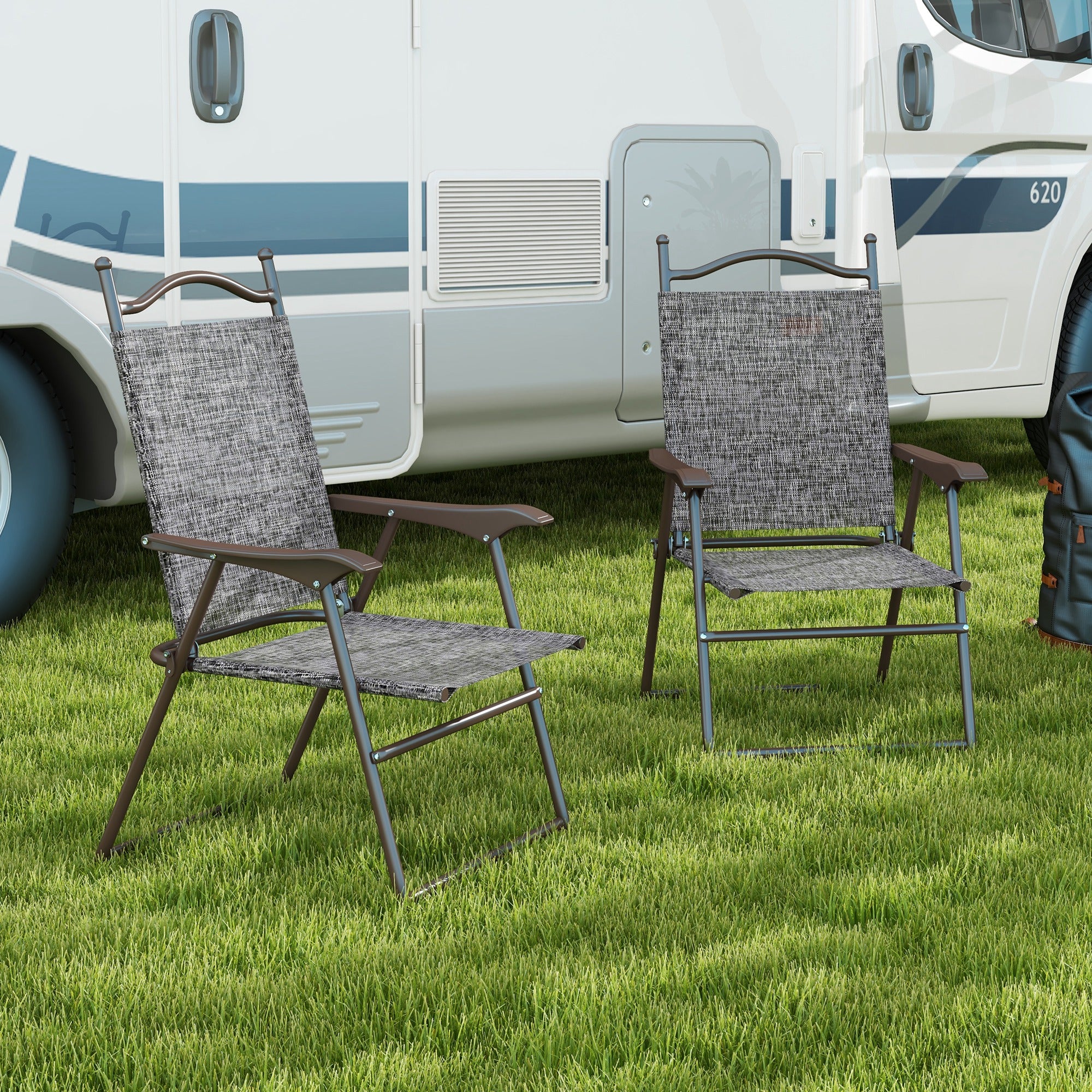 Set of 2 Folding Patio Camping Chairs with Mesh Seats and Steel Frame - Grey