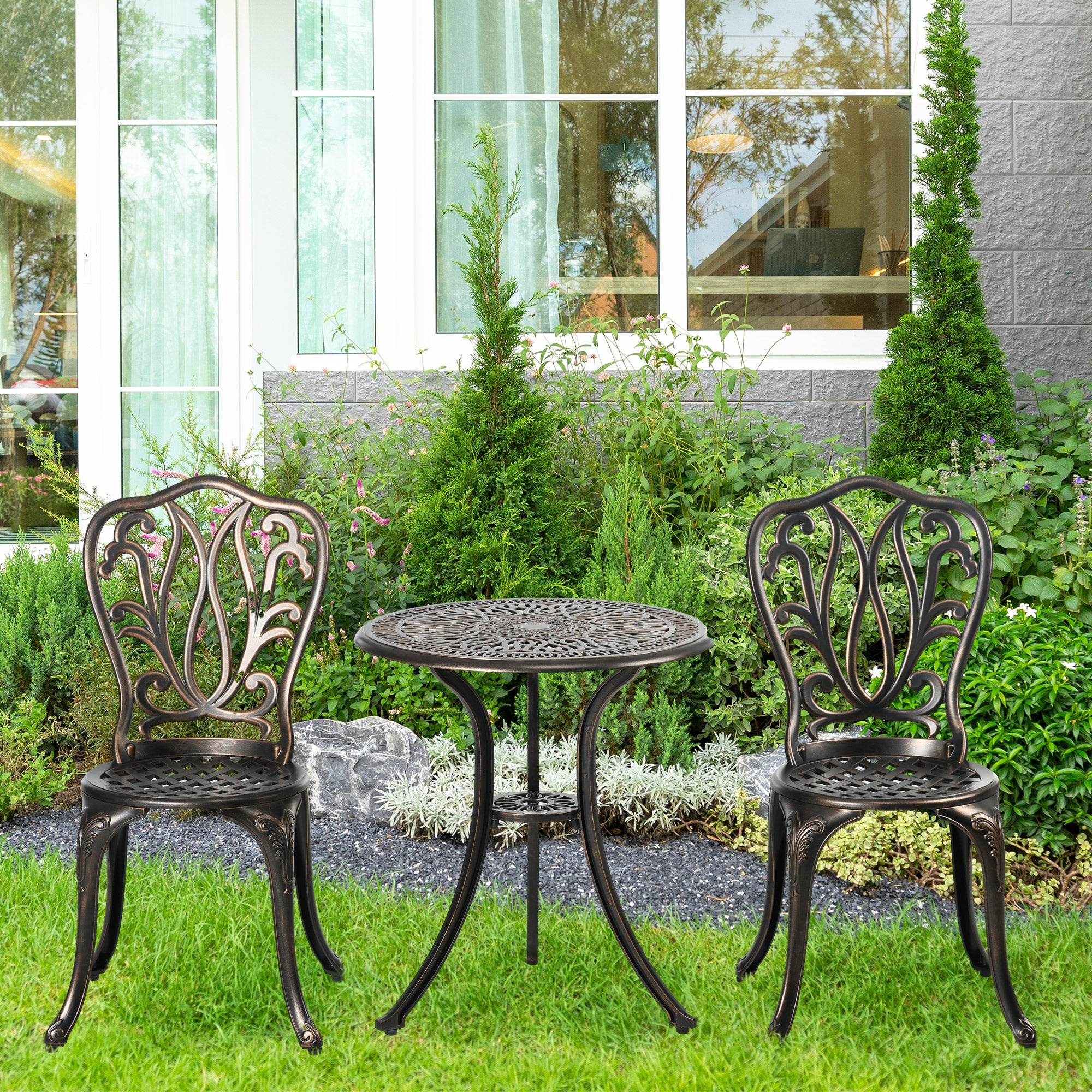 3 Piece Aluminium Garden Bistro Set with Umbrella Hole Bronze
