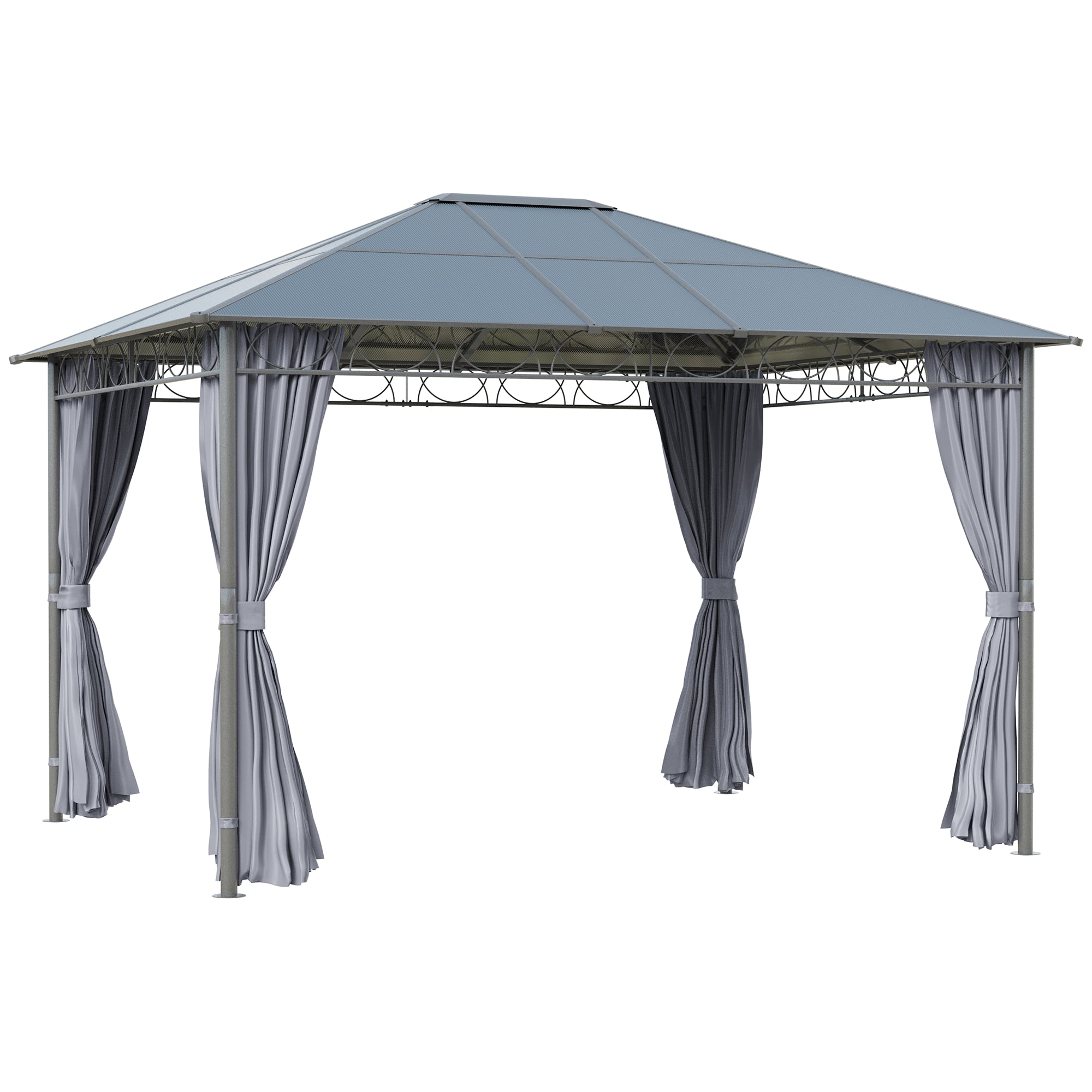 3.6 x 3m Hardtop Gazebo with UV Resistant Polycarbonate Roof, Steel & Aluminium Frame, Garden Pavilion with Curtains - Grey