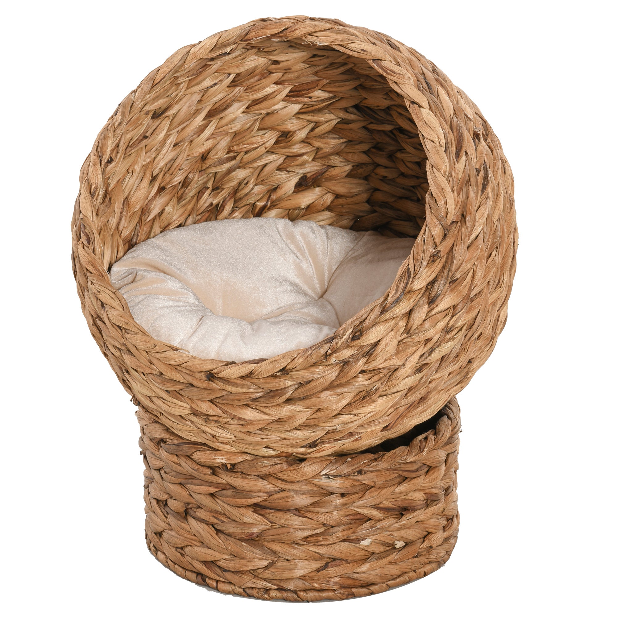 Raised Wicker Cat Bed with Cylindrical Base and Washable Cushion 42x33x52 cm - Brown