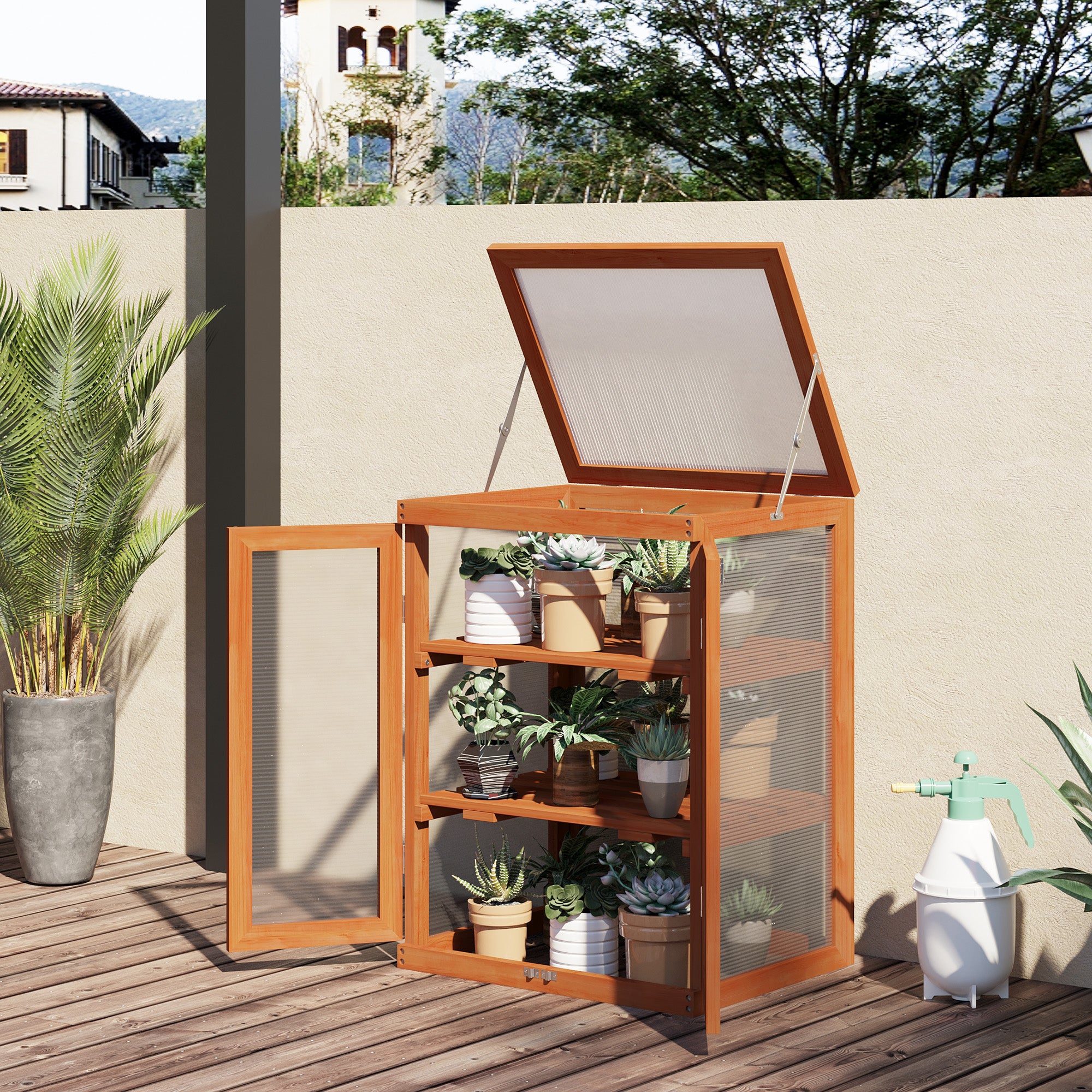 3 Tier Wooden Greenhouse with Polycarbonate Panels and Storage Shelf - Orange